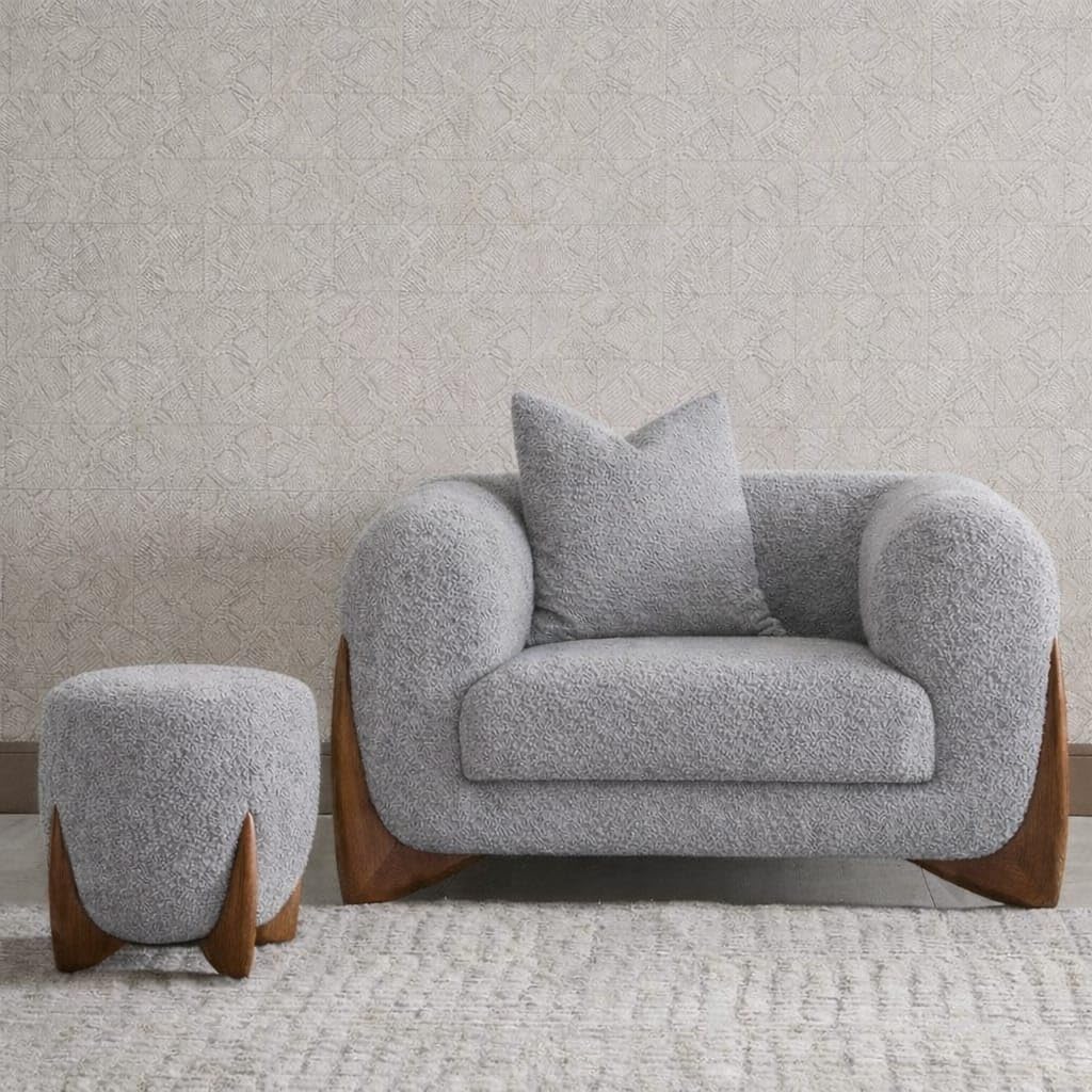 Modern Bouclé Lounge Chair with Solid Sheesham Wood Legs and Matching Round Ottoman, Plush Cushioned Accent Sofa for Living Room-image-42