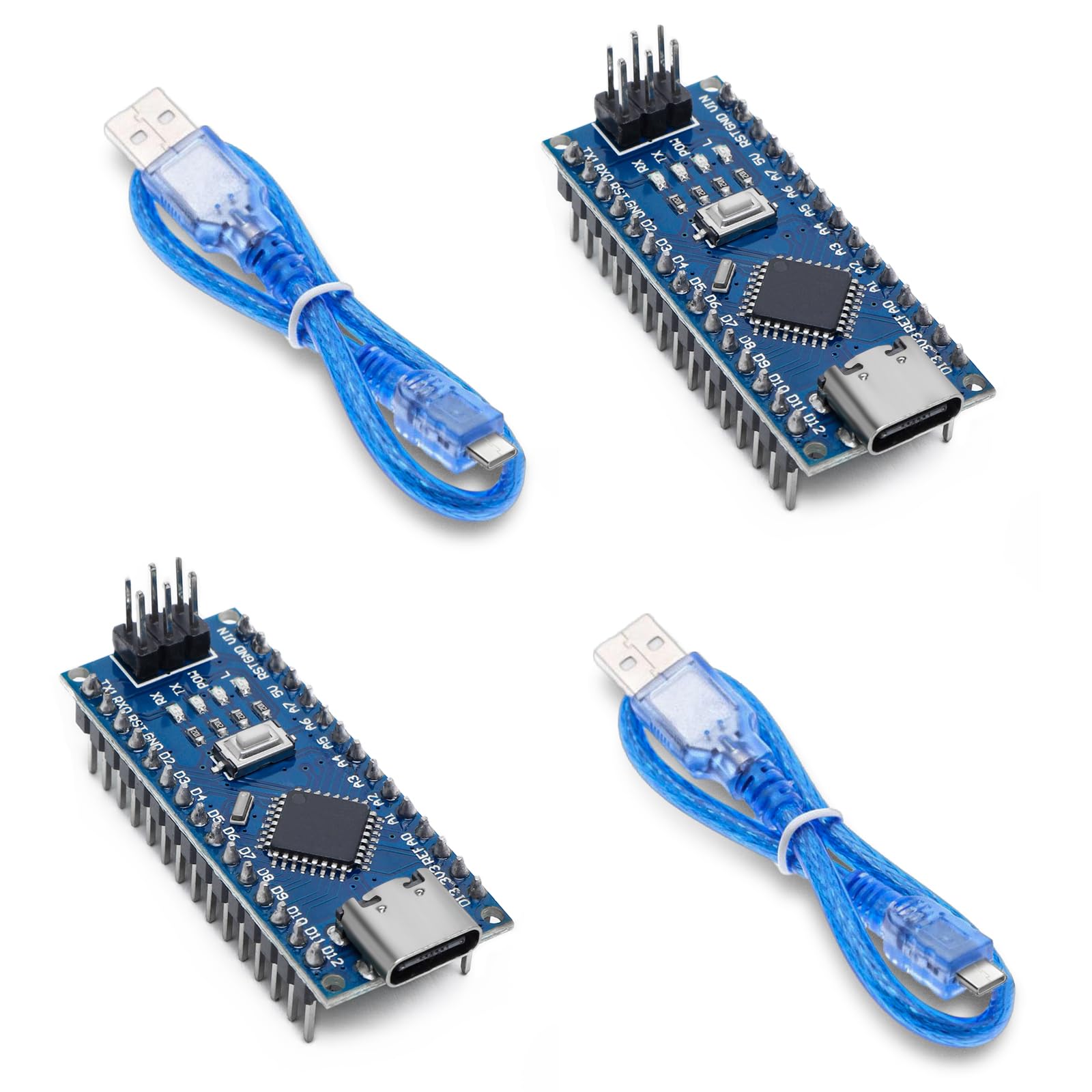 Microcontroller Pre-soldered Board with Cable, 2PCS Board ATmega+328P, CH340, Compatible with Arduino Nano V3.0(USB C Port)