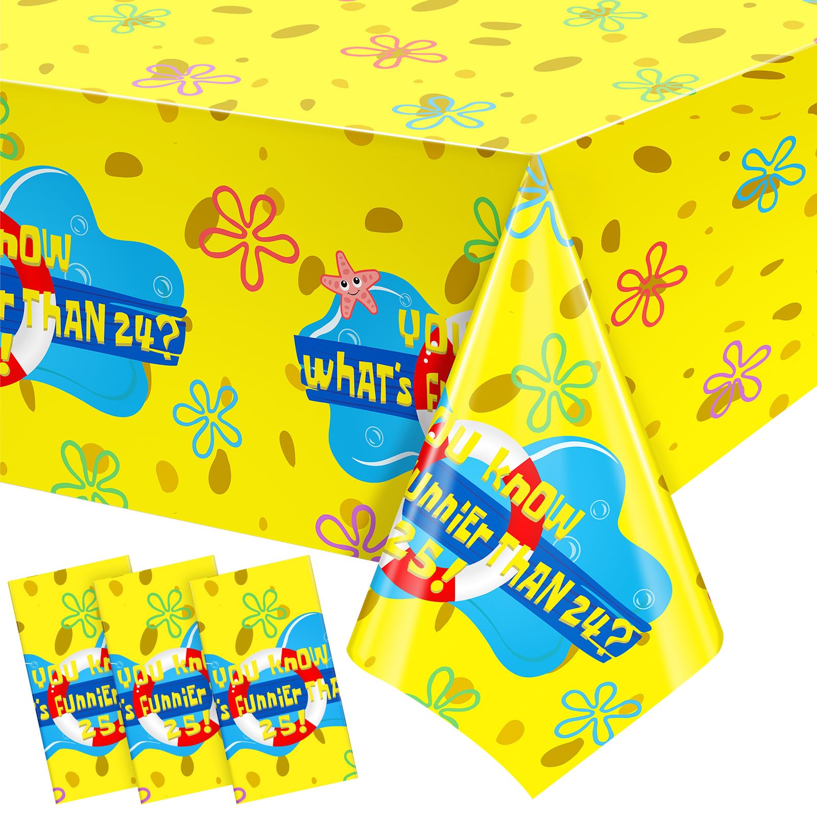 3 PCS Yellow Sponge Party Tablecloths Plastic Disposable Table Covers Colorful Coral Reef Swimming Circle Table Cloth for 25th Happy Birthday Party Decoration Summer Events Baby Shower Supplies