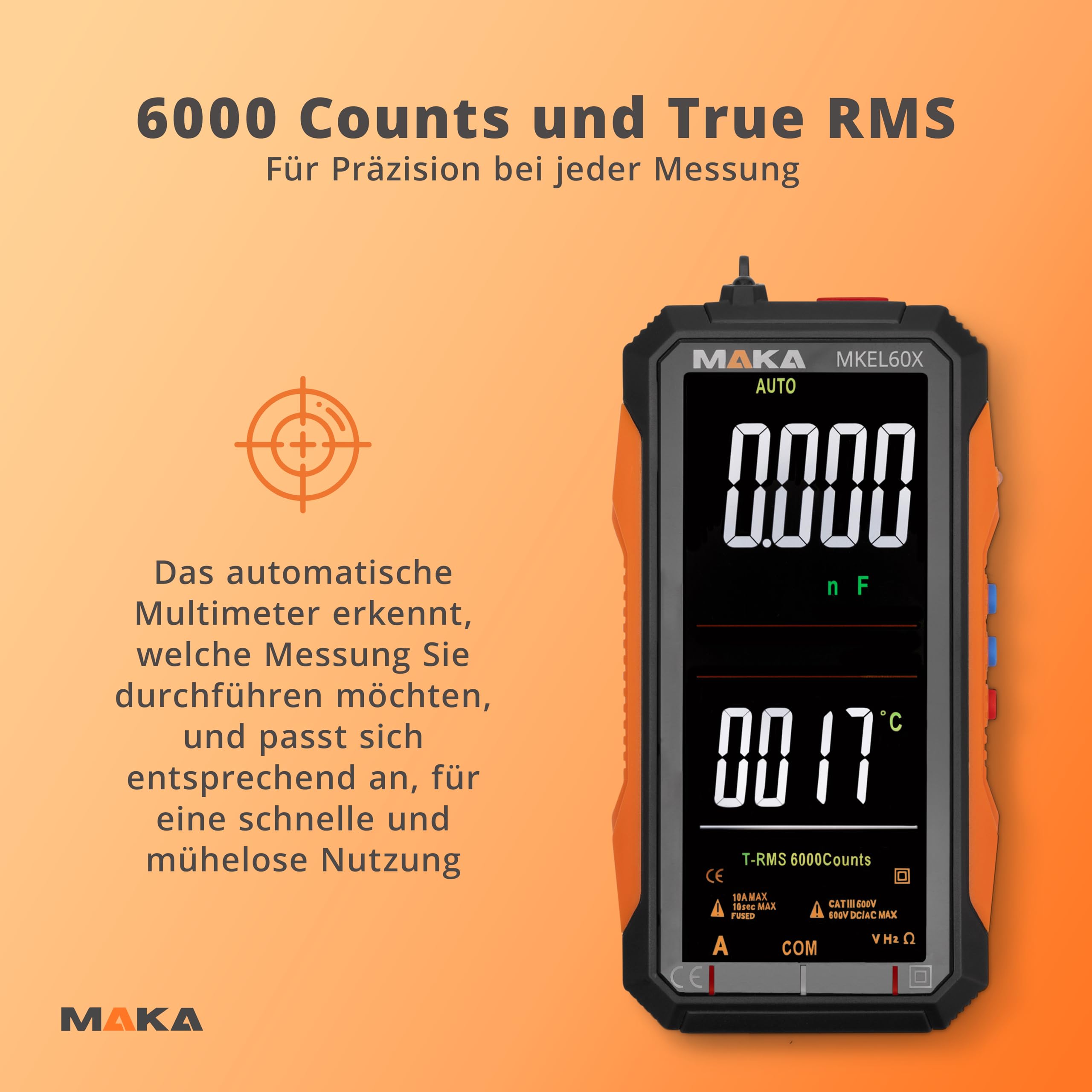 MAKA Digitalmultimeter Pro 6000 Counts True RMS USB-C CAT III 600 V