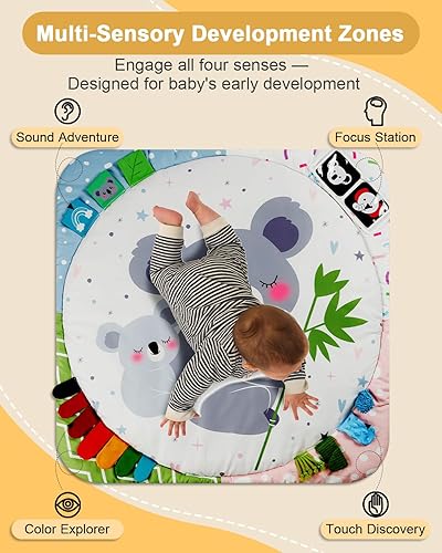 Miniatura 2 de Gimnasio de juego para bebés con 4 zonas de desarrollo, tapete para el tiempo boca abajo y tapete de actividades con 6 juguetes sensoriales,