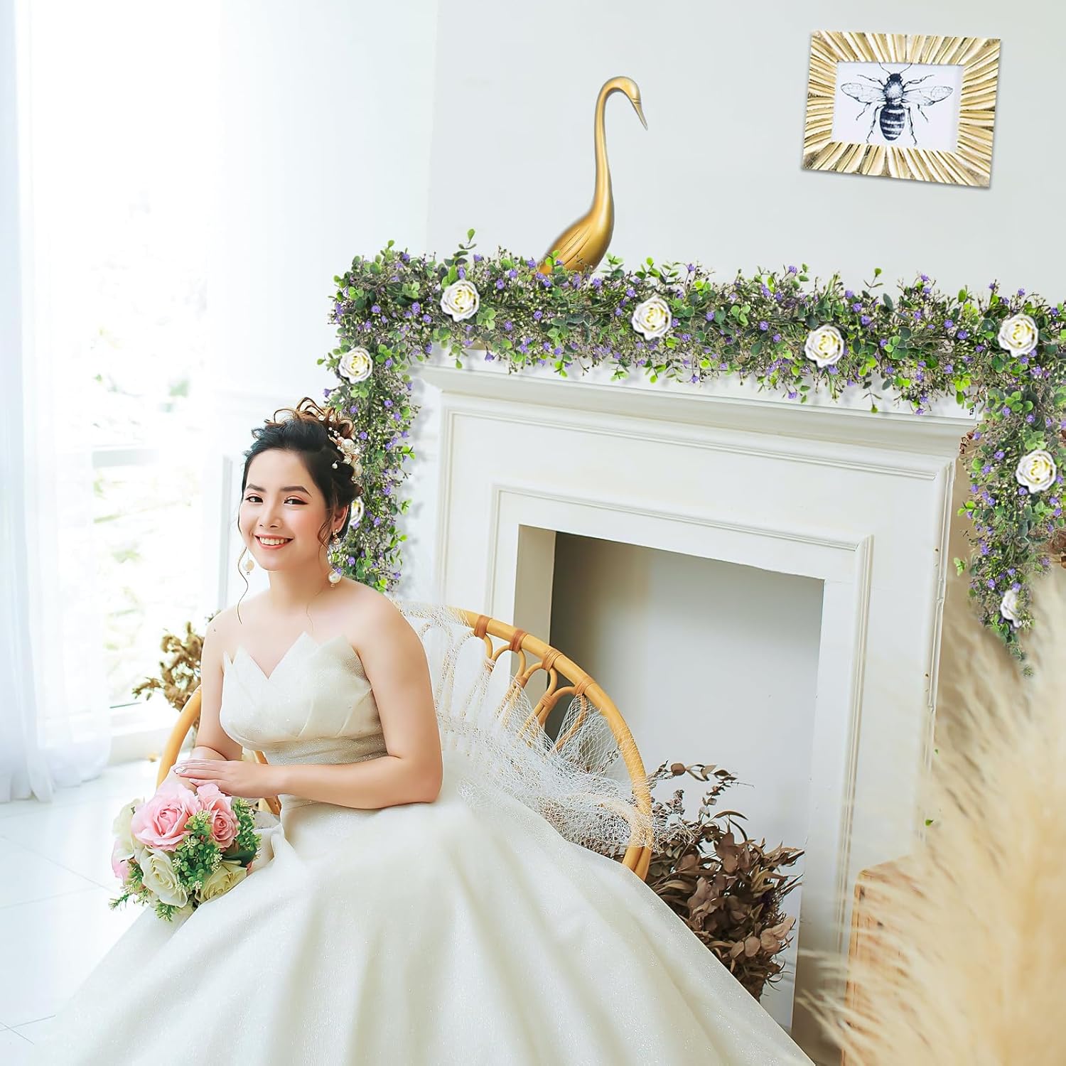 4PCS Faux Eucalyptus Garland Plant, Artificial Baby Breath Flower Vines Hanging Leaves Vines Hanging Leaves Greenery Wedding Backdrop Arch Wall Decor, Indoor Outdoor 5.8 Ft(Purple & Green) - Image 3