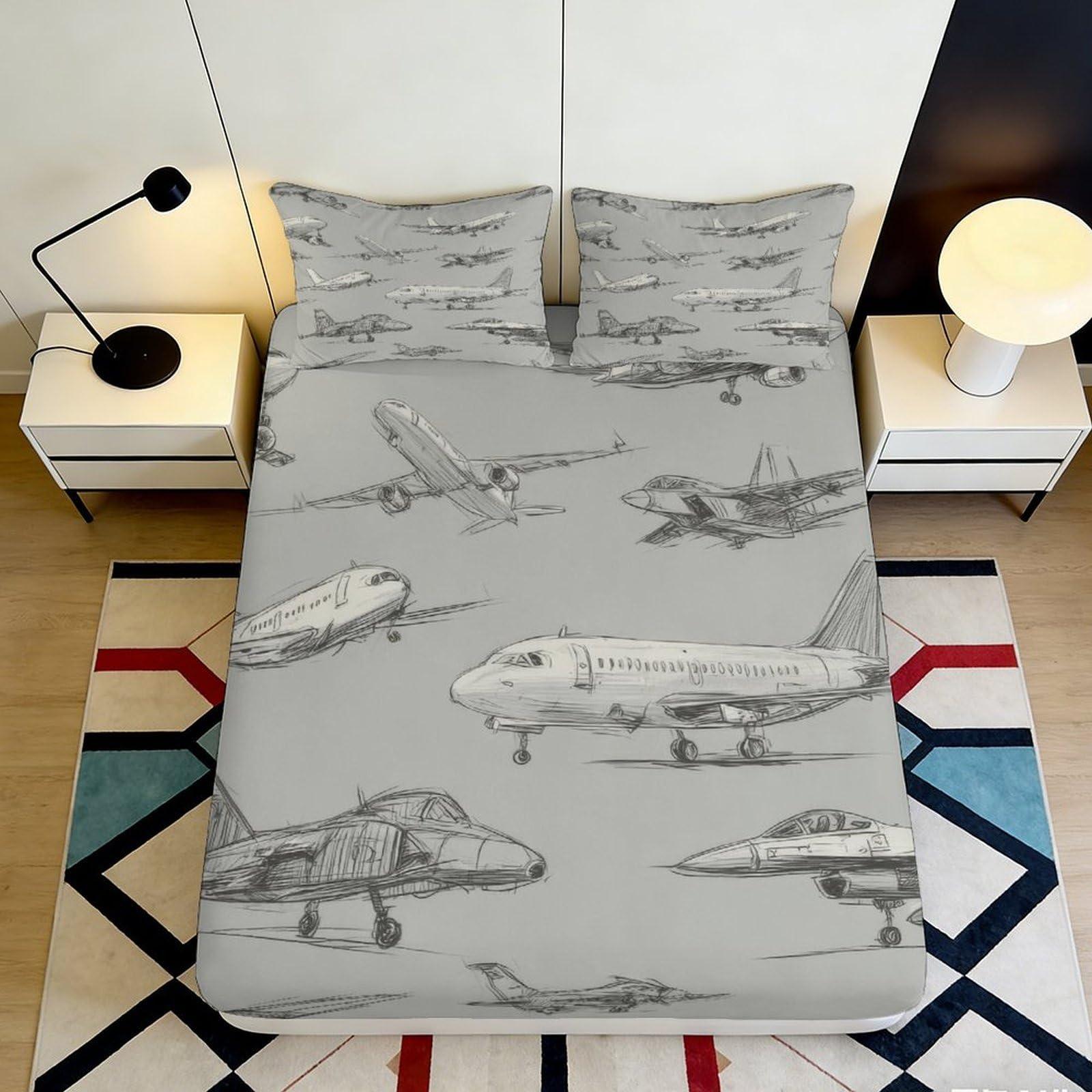 3D Printed Airplane Pattern Fitted Sheet Microfiber Soft Breathable Sketch Plane Bed Cover for Bedroom Dormitory Guest Room Mattress Protection 90x200x25cm