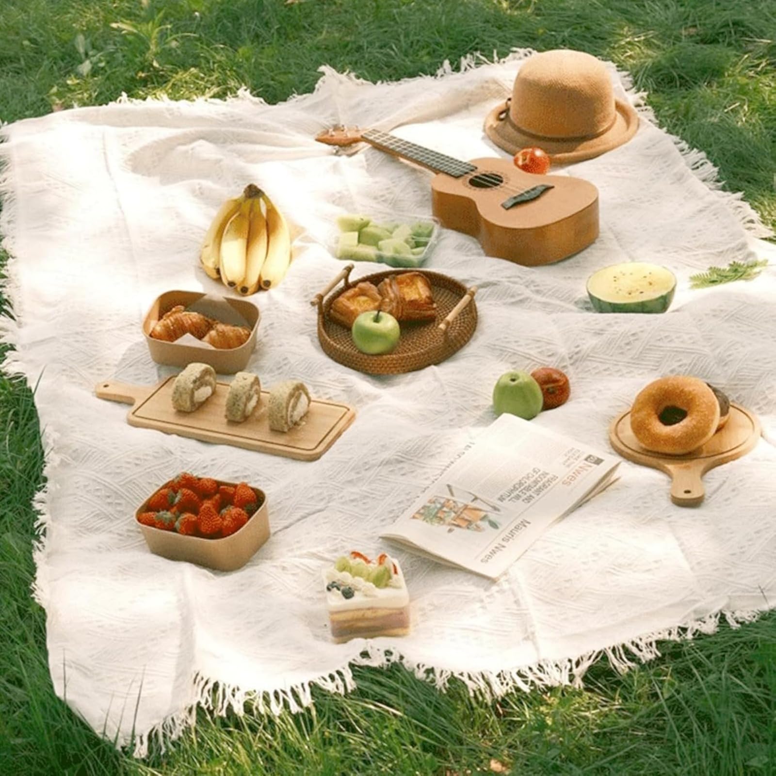 Bardzo duży bawełniany koc piknikowy, przenośny, można prać w pralce, koc na zewnątrz, na kemping, do trawnika i parku, idealny na wiosnę i lato (180 x 180 cm)