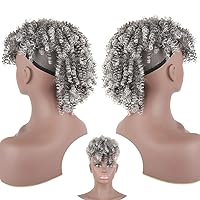 Vista 2 de Peluca corta Afro rizada con flequillo y clip para cola de caballo en cabello rizado sintético hecho de fibra de Kanekalon, moño de cola de caballo