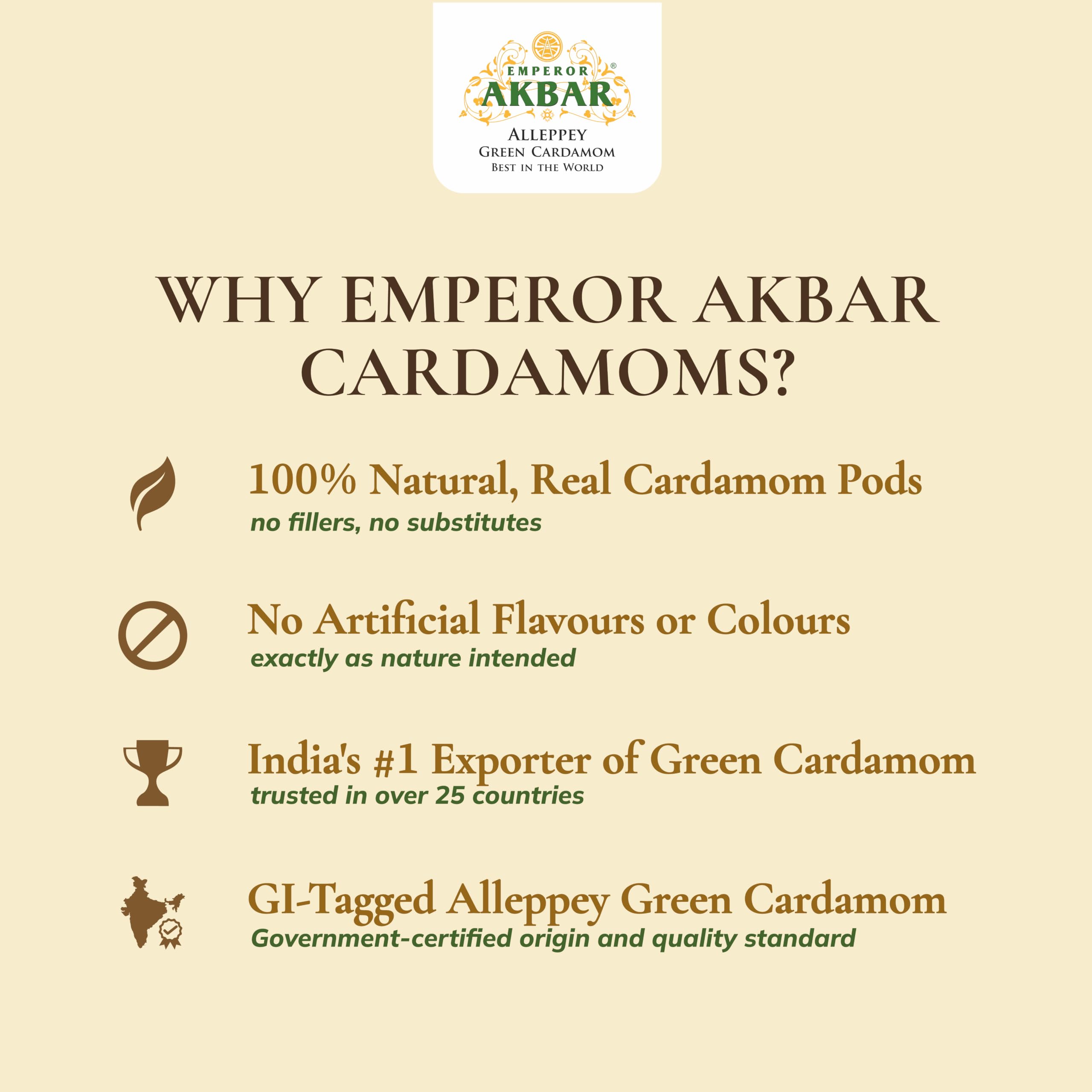 Emperor Akbar Cardamome (Elaichi) – 100 g – Cardamome verte dans un paquet aromatique supérieur (Grade violet – 8 mm ci-dessus)
