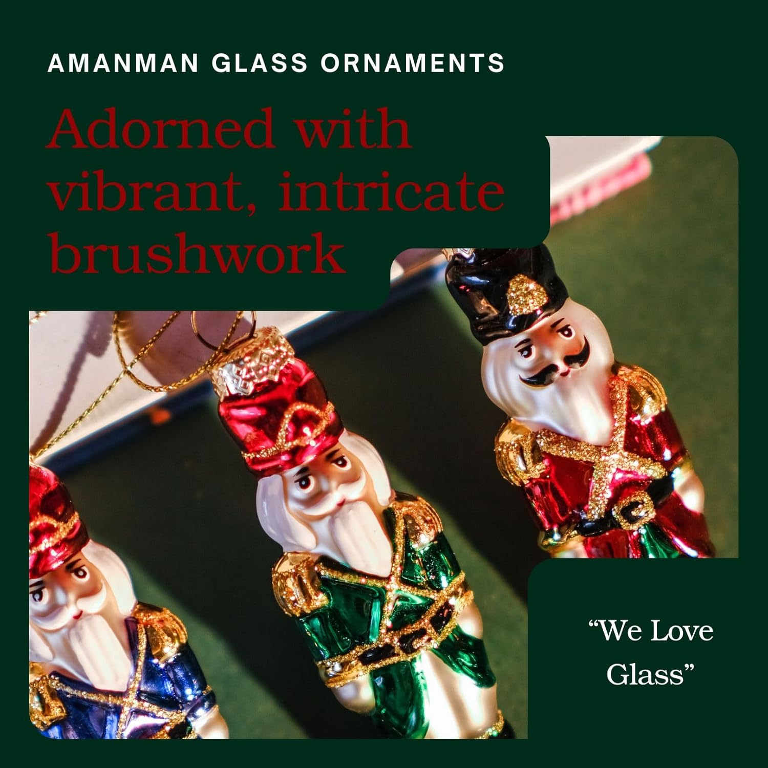 Hand-Blown Nutcracker Christmas Ornaments Set of 3 - H9.6cm Glass Soldiers with Hand Painted Details (Green, Red, Blue) - Image 2