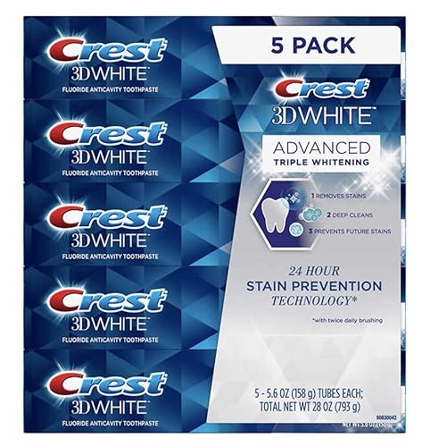 Crest 3D White Advance - Pasta de dientes anticaries con sabor blanqueador, paquete de 5, 5.6 onzas, peso neto de 28 onzas