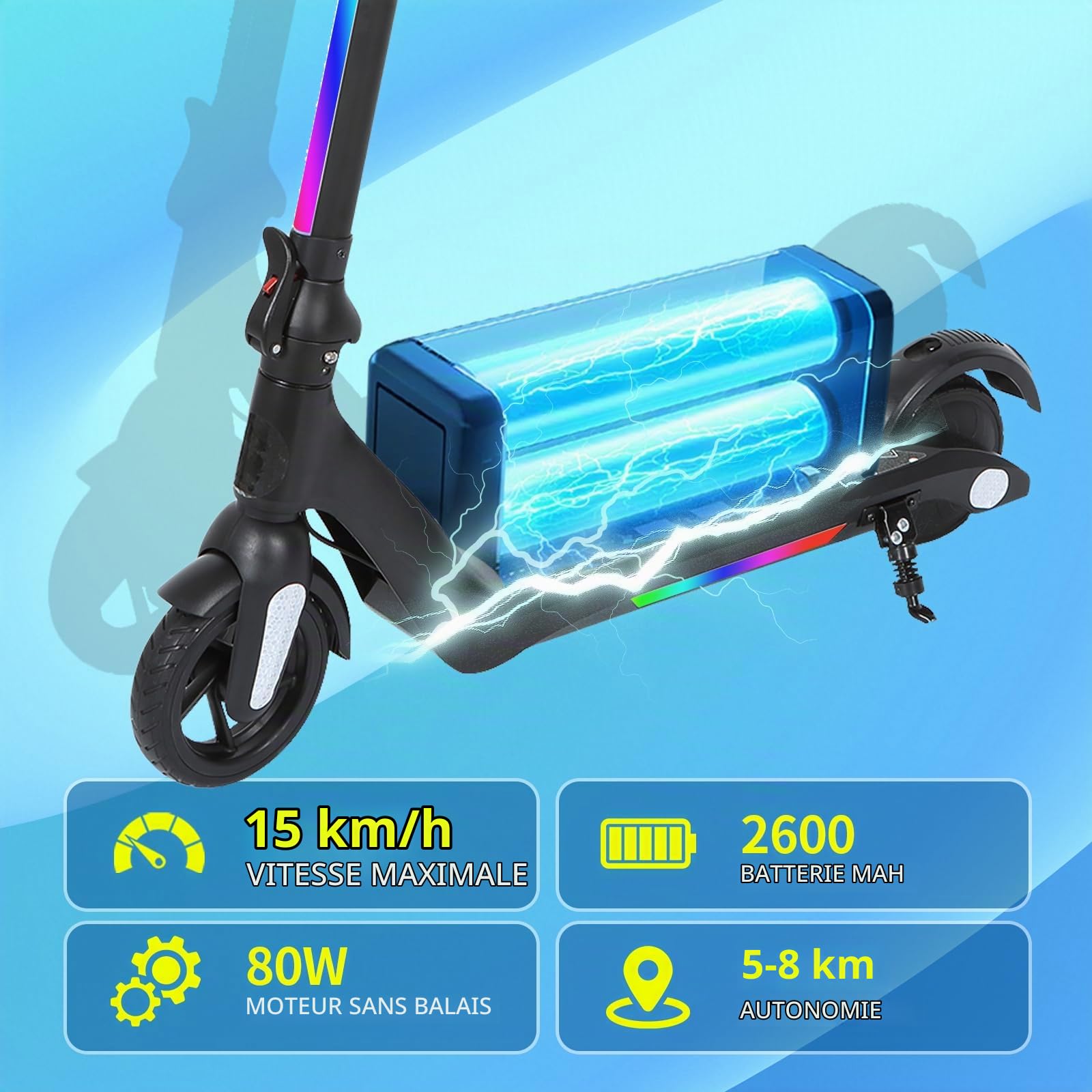 Trottinette électrique pour Enfants avec Lumières LED, Amortisseurs à Double Ressort, Moteur 130W, Vitesse Max 14 km/h