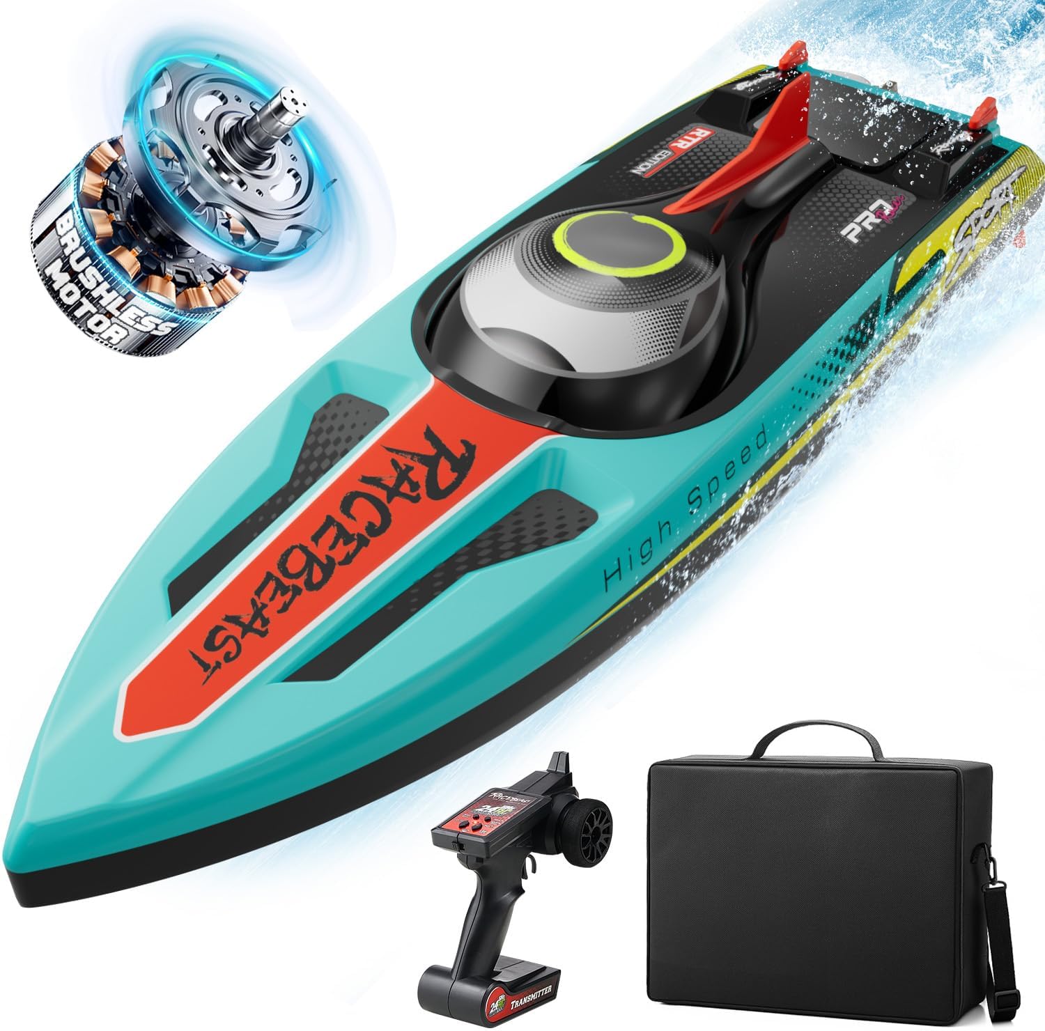 TOPCHOIC Brushless RC Boat 40+MPH, Remote Control Boats for Adults Kids, 19" Big Racing Boat for Salt Water Lake River with Self-Righting, LED Lights, Fishing Function Fast High Speed with Carry Bag
