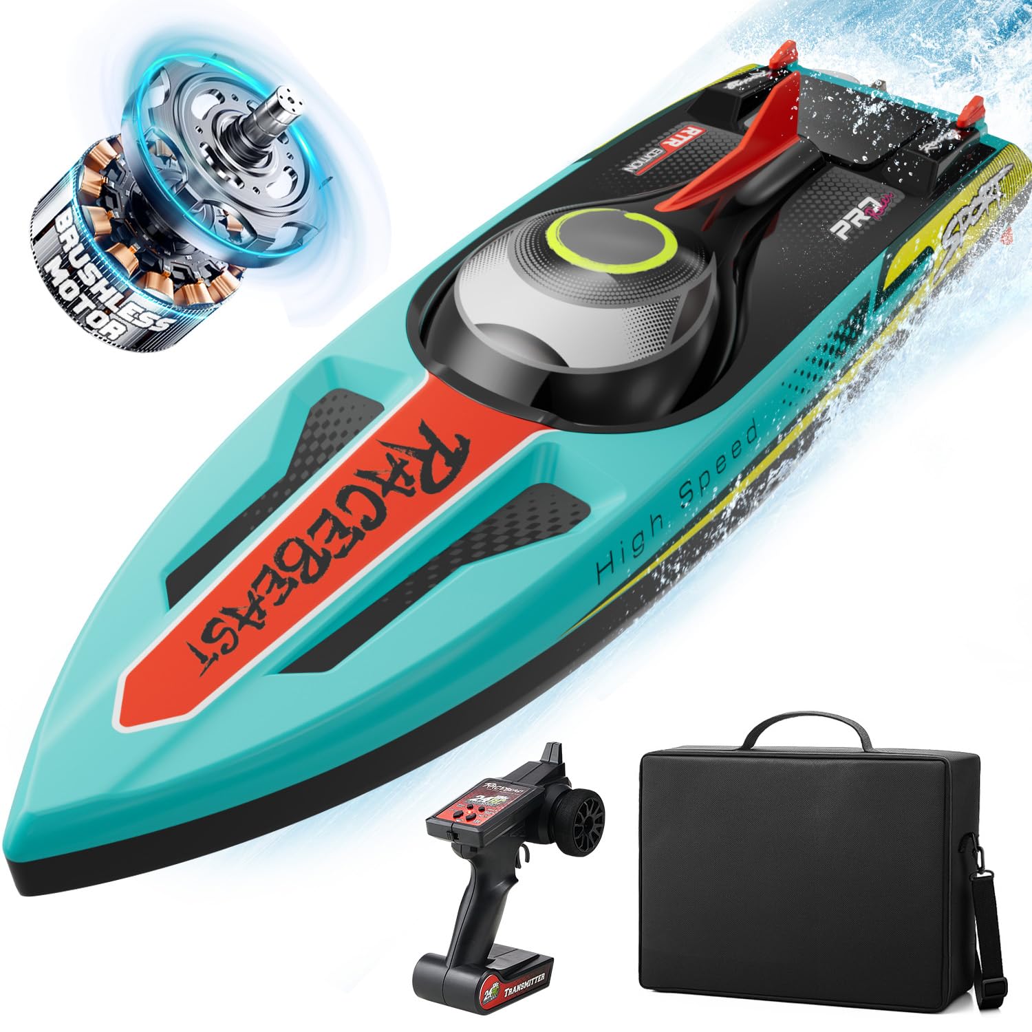 Brushless RC Boat 40+MPH, Remote Control Boats for Adults Kids, 19" Big Racing Boat for Salt Water Lake River with Self-Righting, LED Lights, Fishing Function Fast High Speed with Carry Bag