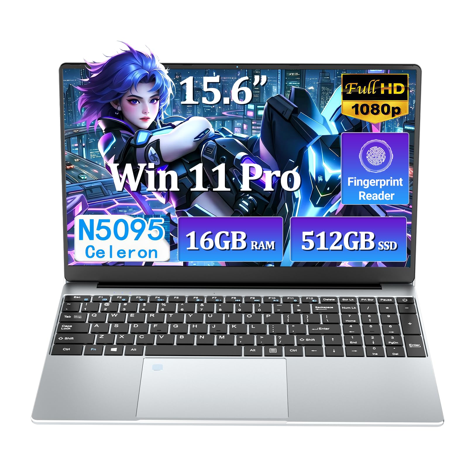 Ordenador Portátil 15.6 pulgadas con Celeron N5095 CPU, Win11 PC Portatil 16GB RAM 512GB SSD, Laptop FHD IPS 1080P Desbloqueo Huellas Dactilares/Teclado Retroiluminado WiFi5 BT4.2 Computadora Portátil