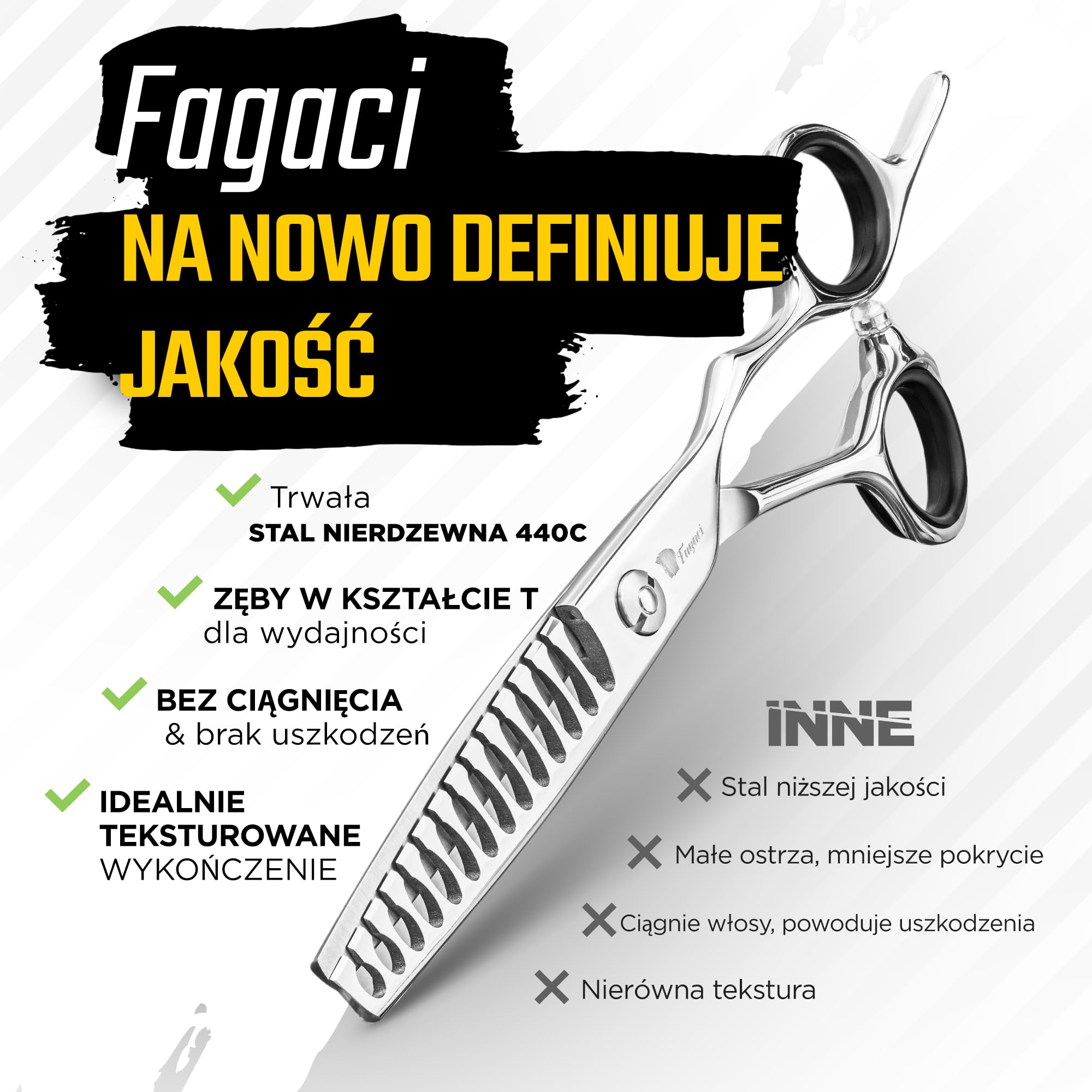 Fagaci Ultra Nożyce Trymujące 6″, Stal 440C, Podwójna Szybkość | Innowacyjne ząbki w kształcie T, Redukcja objętości włosów nawet o 50%, Wielostopniowe ostrzenie krawędzi, 2x szybsze cięcie