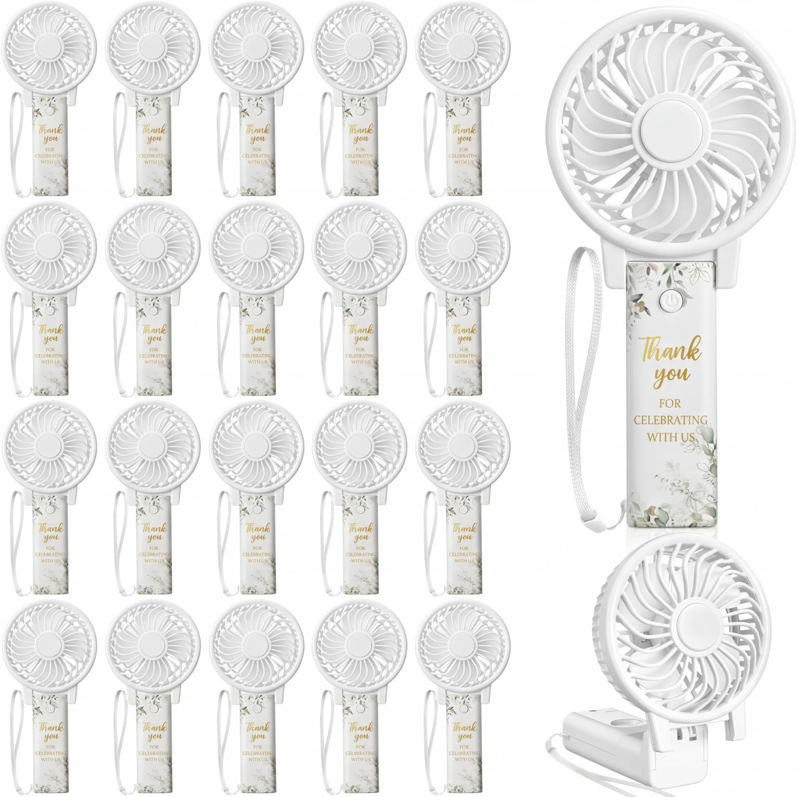Photo 1 of Tuanse 24 Pcs Eucalyptus Leaves Wedding Fans for Guests Bulk 180° Foldable Mini Portable Handheld Battery Powerful Small Pocket Fan with Hanging Rope