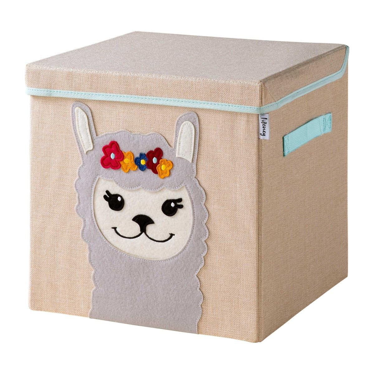 LIFENEY Aufbewahrungsbox mit Deckel und Lama I Spielzeugbox mit Tiermotiv passend für Würfelregale I Ordnungsbox für das Kinderzimmer I Aufbewahrungskorb Kinder