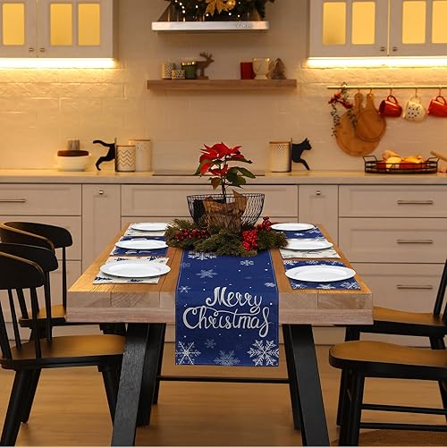 Miniatura 10 de Paquete de 7 manteles individuales de Navidad a cuadros, diseño de copos de nieve de búfalo rojo y negro para mesa de comedor, decoración de mesa de