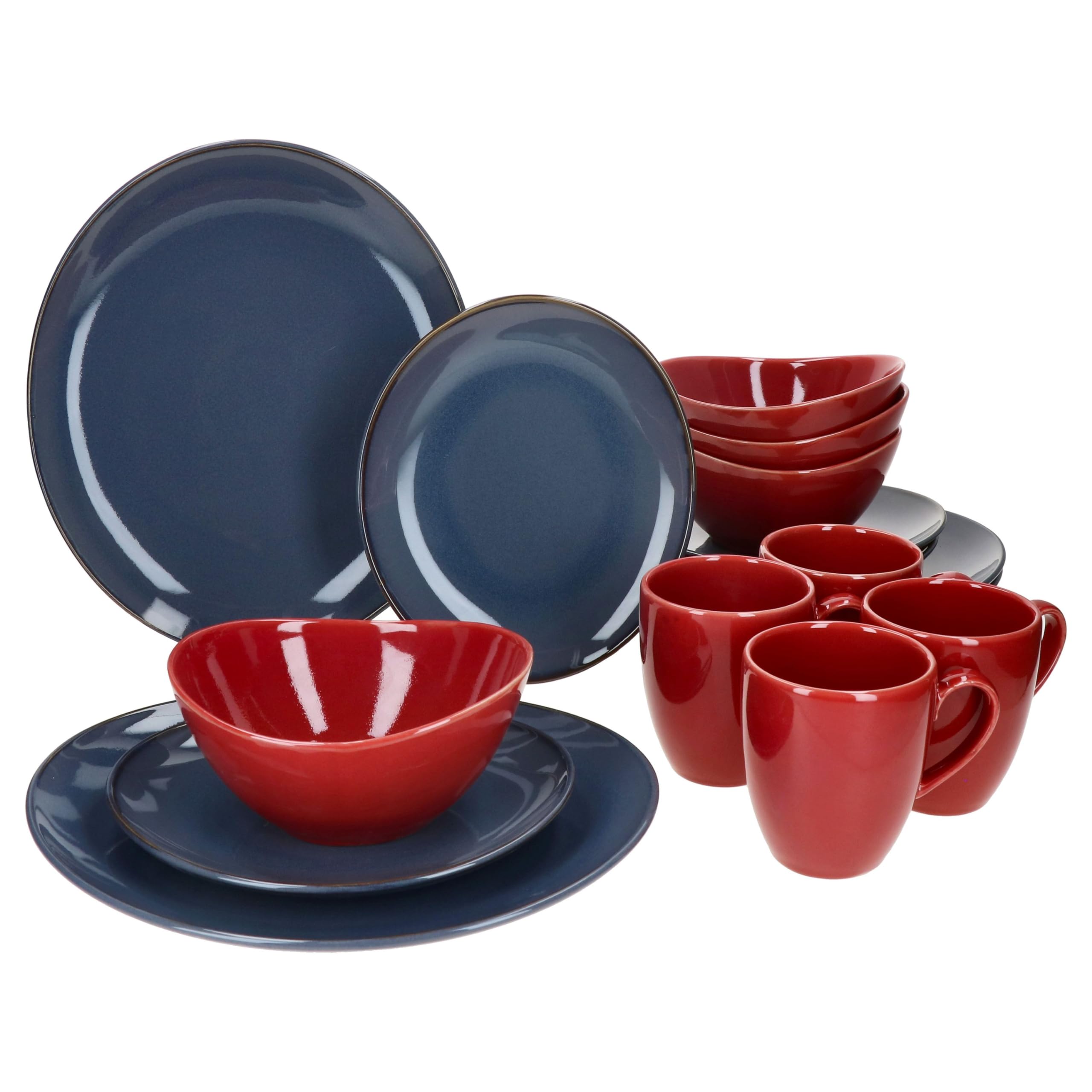 MÄSER Natural Service de table 16 pièces pour 4 personnes bleu et rouge I Service de table en faïence avec 4 tasses à café de 270 ml, bols de 400 ml, assiettes à gâteau et assiettes plates I Petit