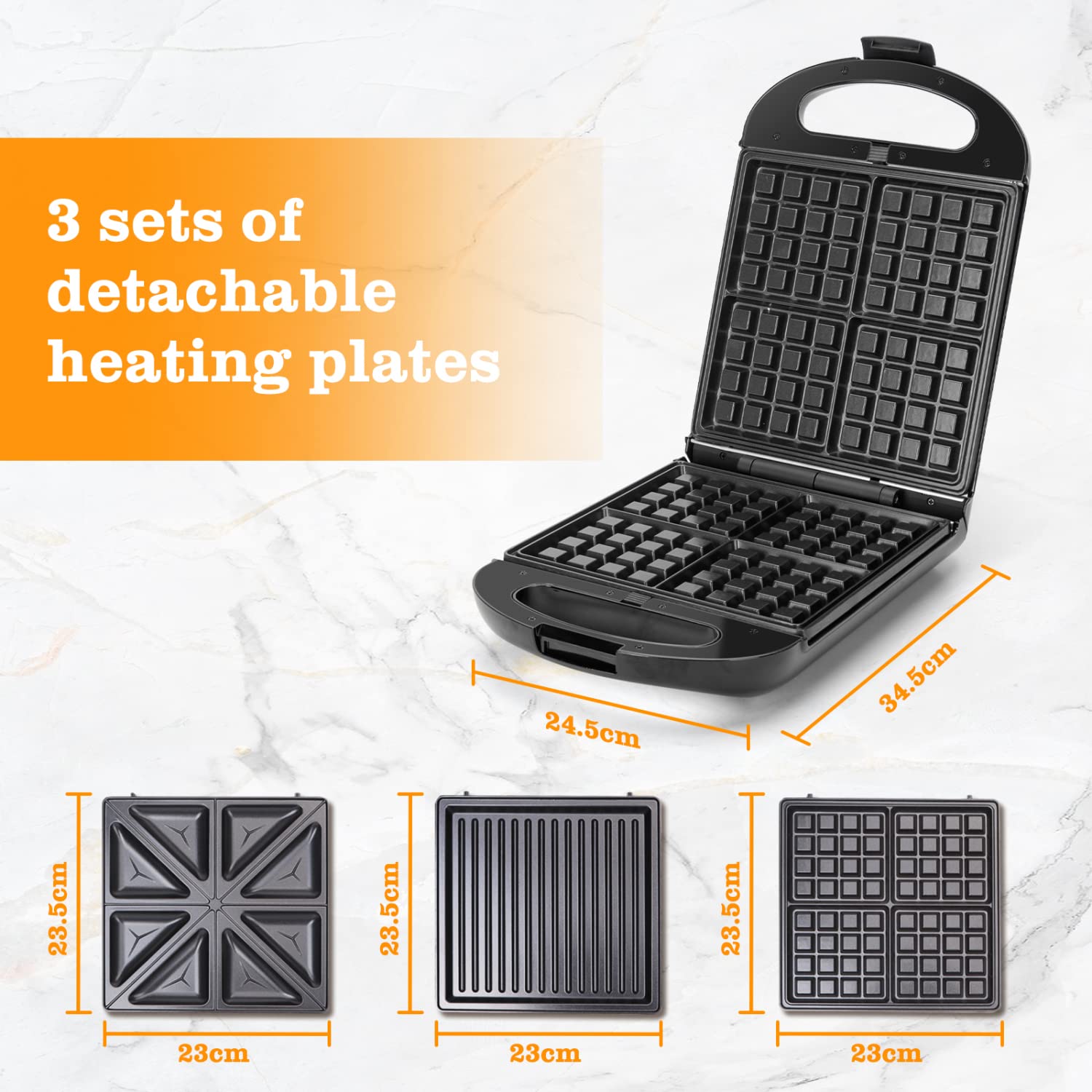 OZAVO Sandwichmaker 3 in 1, Waffeln, Paninitoaster, 3 abnehmbare Grillplatten, Tisch-Grill für