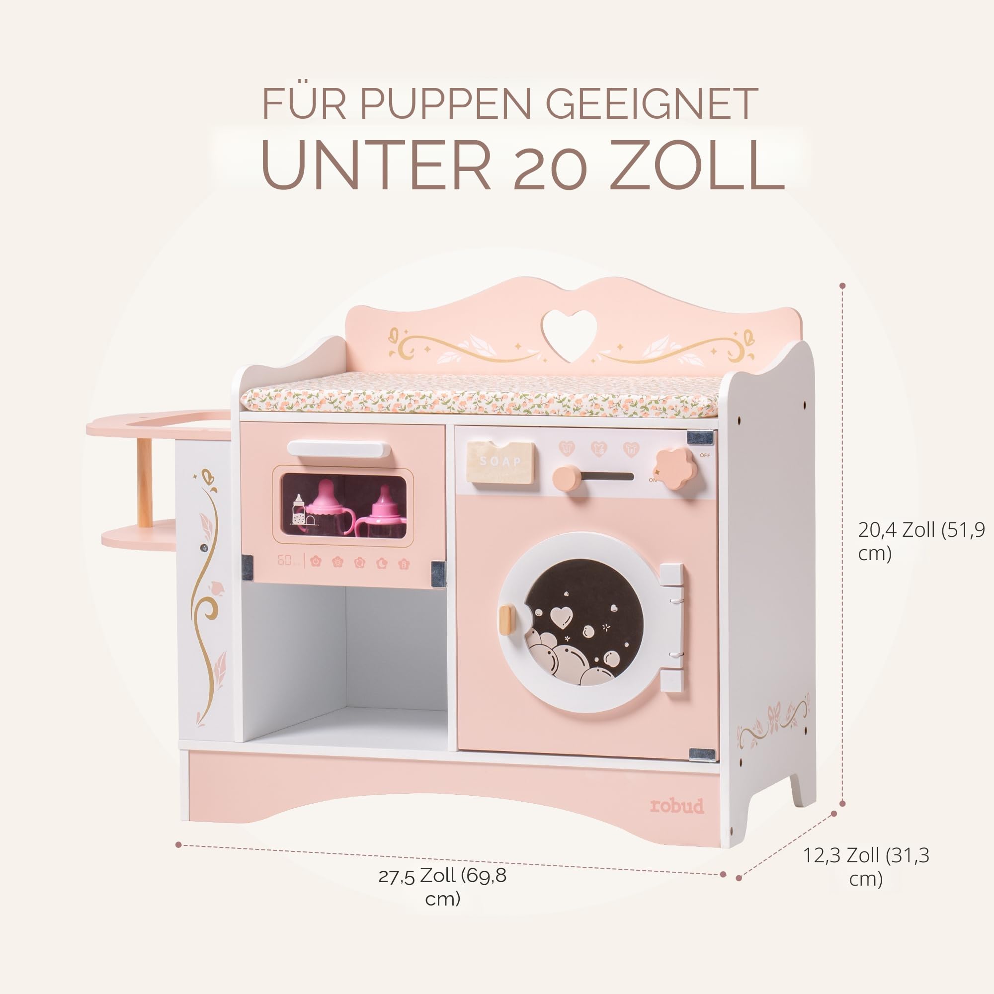 ROBUD Holzpuppen-Wickelstation, 4-in-1 Kleinkind-Puppen-Wickeltisch mit Waschmaschine & Flaschensterilisator, Aufbewahrung & Puppensitz, Puppenzubehör für Puppen unter 20", Geschenk für Kinder Rosa