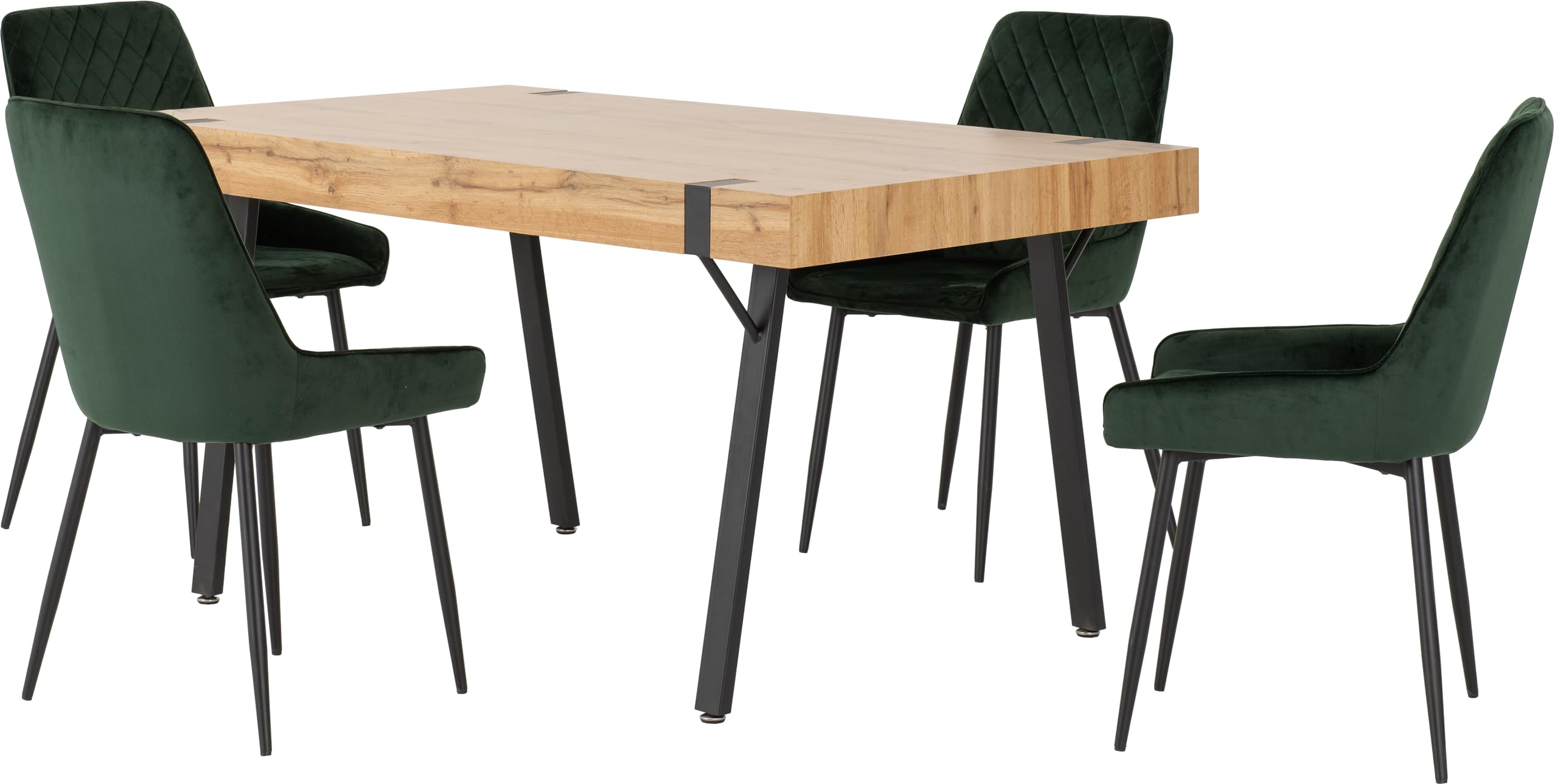 Seconique Treviso & Avery Dining Set - Light Oak Effect/Emerald Green Velvet - 4 Seater - Green