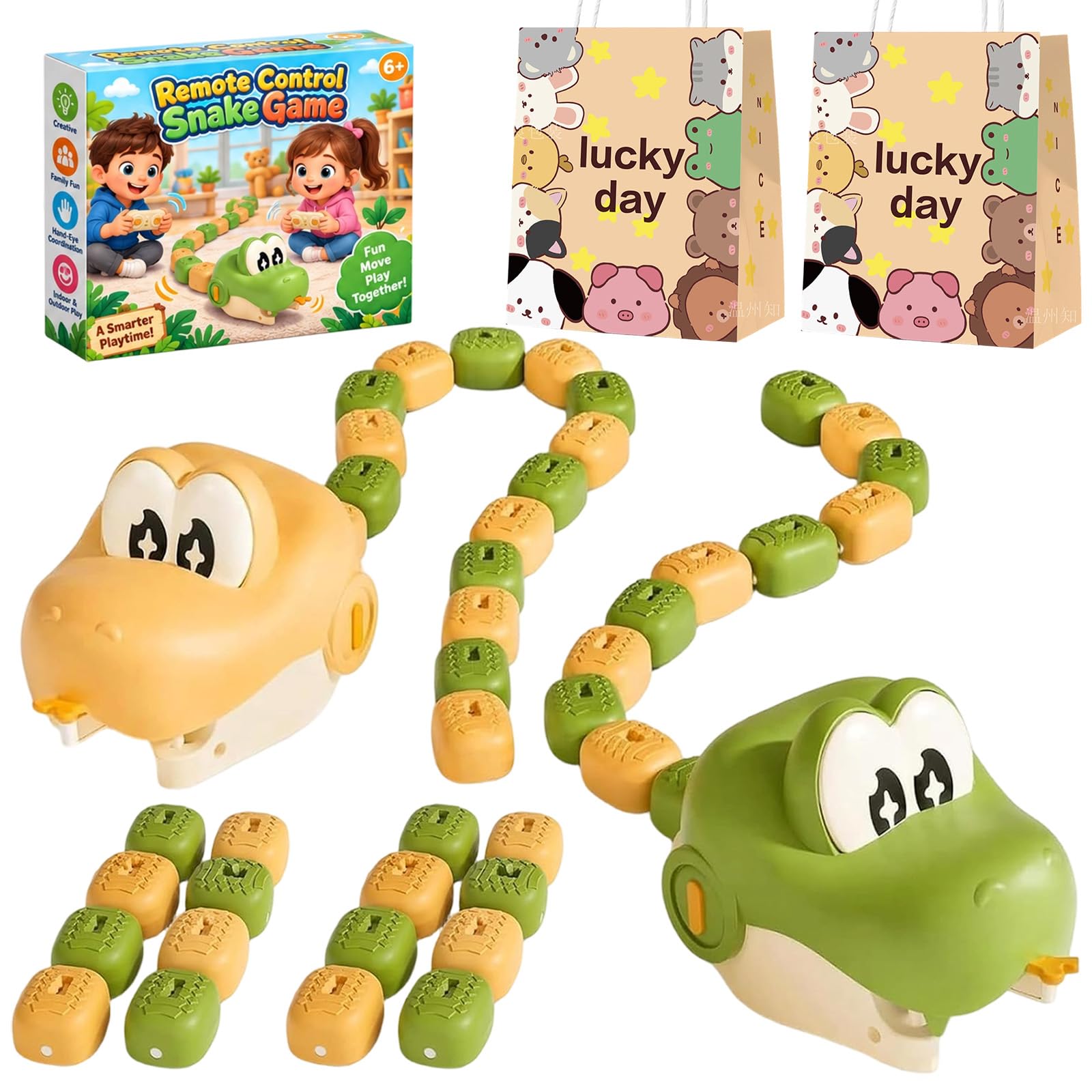 Remote Control Snake Game, Magnetic Greedy Snake Toy Eating Itself, USB Rechargeable with Lights & Sounds, Interactive Magnetic Snake Game for 2-Player, Parent-Child Play and Family Play，Green+Yellow