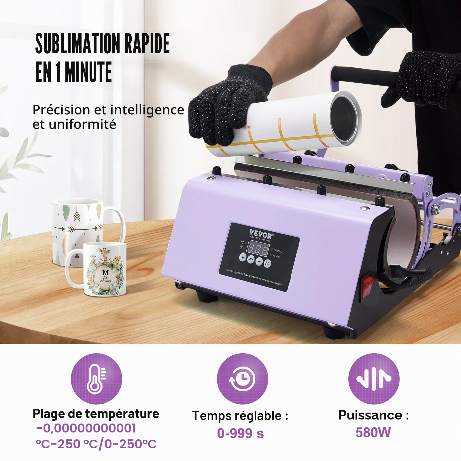 VEVOR Presse à Chaud pour Tasses 32,5-89 cL, Presse pour l'Impression de Tasse 75-87 mm de Diamètre, Machine de Sublimation avec Papier de Sublimation, pour Transférer Images sur Mug Gobelet, Violet