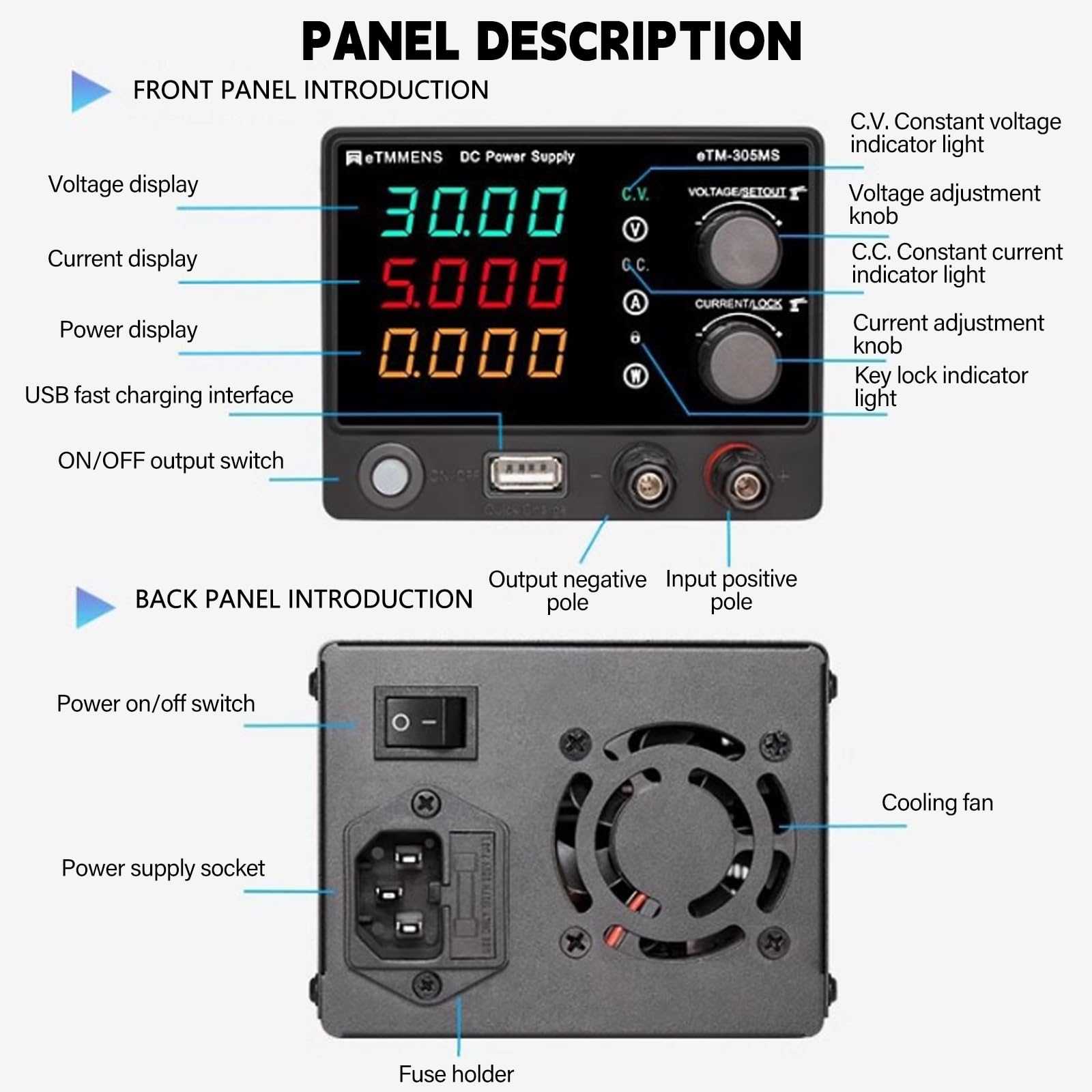 Bloc d'alimentation de laboratoire 30 V 5 A 150 W - Affichage LED à 4 chiffres et clé de verrouillage - DC 0-30 V 0-5 A - Mini bloc d'alimentation de laboratoire USB - Charge rapide - Alimentation à