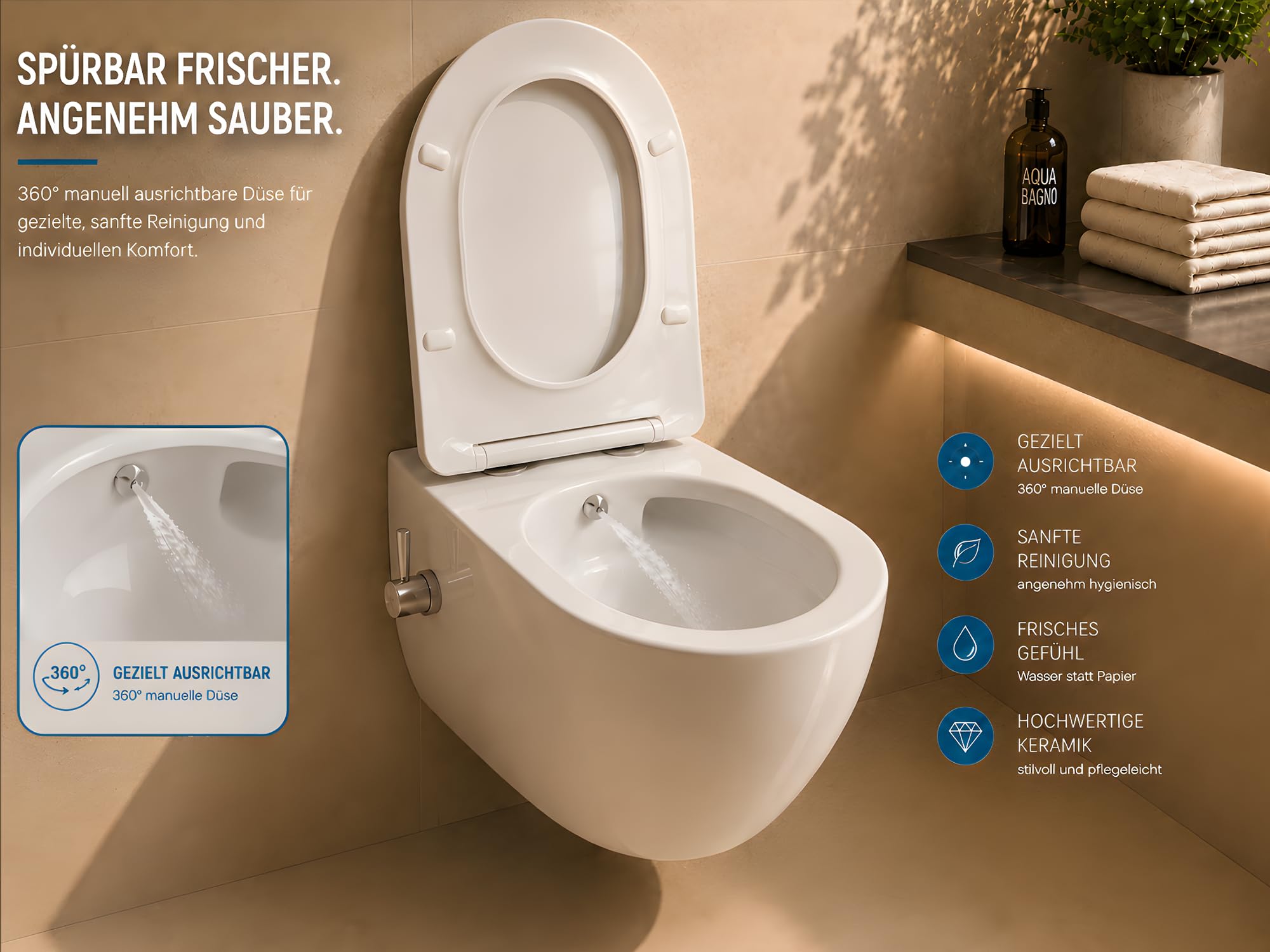 Aqua Bagno Dusch-WC mit Warm-Kalt-Wasser, Taharet WC Bidet, kompakt 49cm