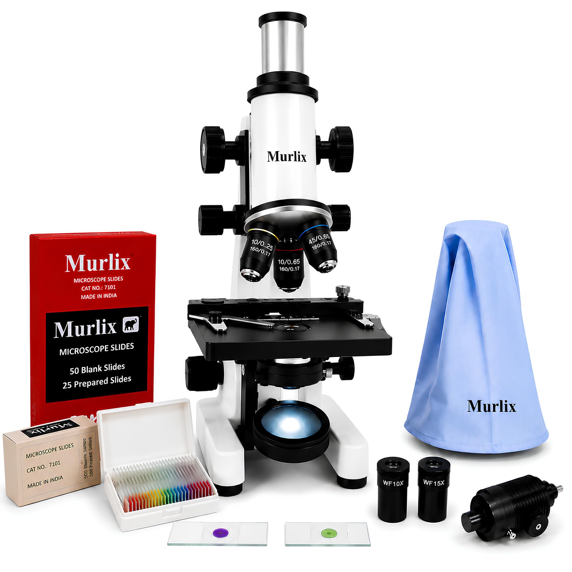 monocular compound medical microscope with led lamp | 50x–1500x biological microscope for laboratory, medical education & research | 50 blank & 25 prepared slides
