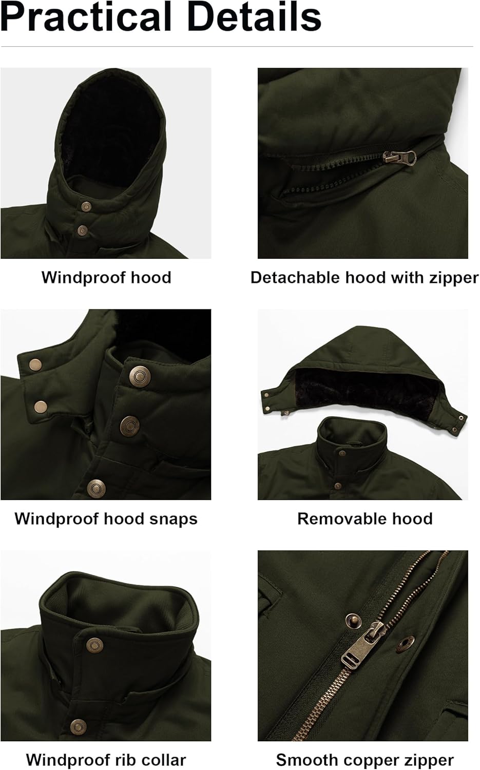 Pursky Men's Winter Military Jacket Fleece Lined Warm Cotton Coat Windproof Thicken Parka with Removable Hood - Image 6