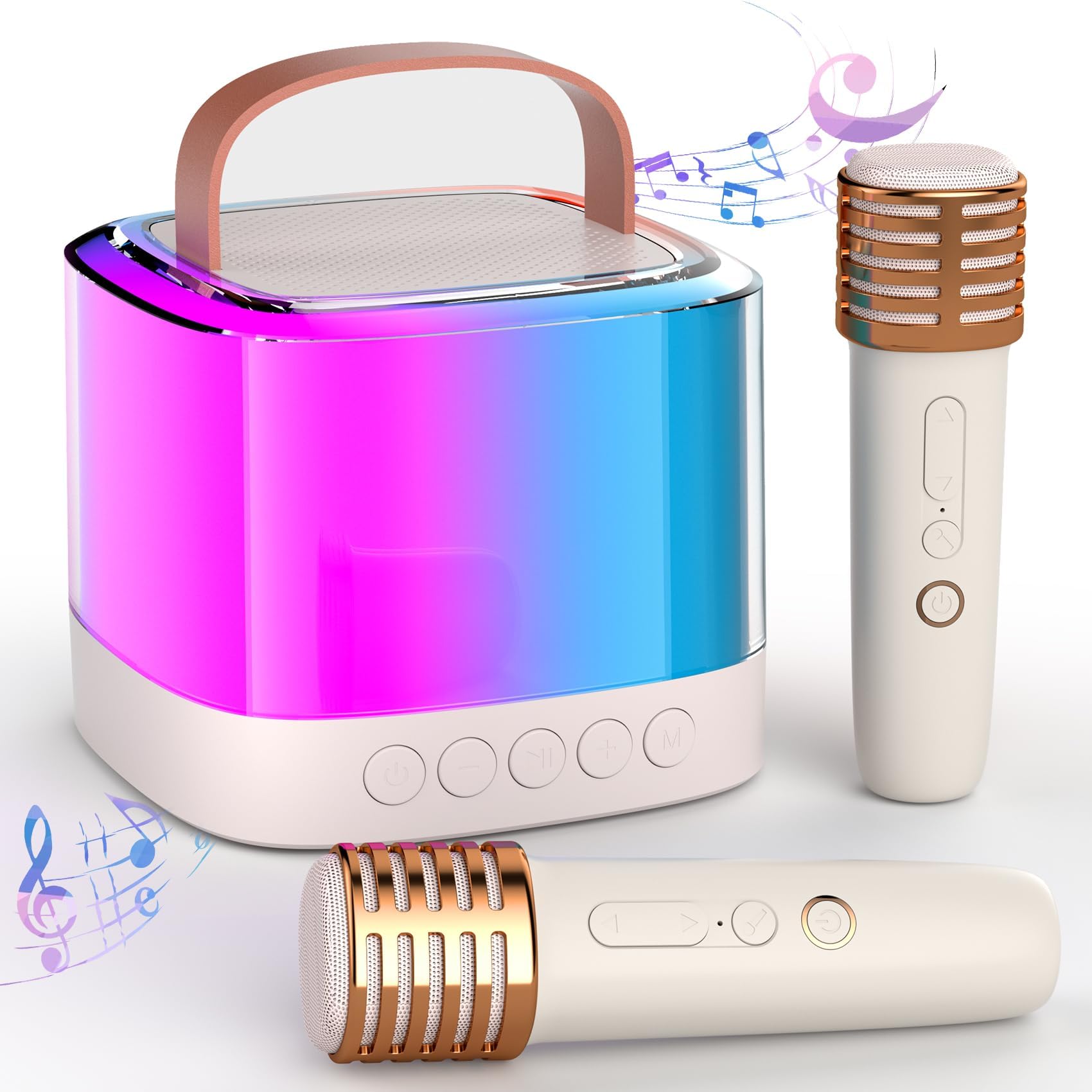 TERRIFI 2024 Karaoke Machine for Kids Adults - Mini Portable Handheld Bluetooth Karaoke Speaker with 2 Wireless Mics, Long Range, Illusionary Flowing Light for Home Party, Birthday Party Gifts(Beige)