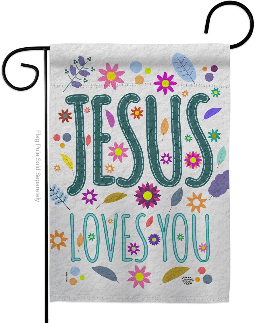 Jesus Loves You Garden Flag Set Wall Holder Religious Faith Hope Grace Peace Dove Christian Religion Easter Small Decorative Gift Yard House Banner Made In USA 13 X 18.5