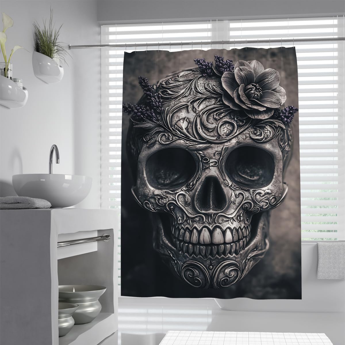 UIRINGART Dark Skull Bathtub Curtain W120xL180cm Antique Floral Face Anti Mould Mildew Resistant Waterproof Fabric Shower Curtains for Bathtub with Hooks