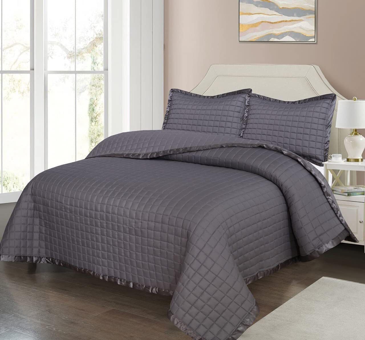 3 Pieces Quilted Bed Throw Bedspread Set Single Double King Super King (Osca Grey, Single)