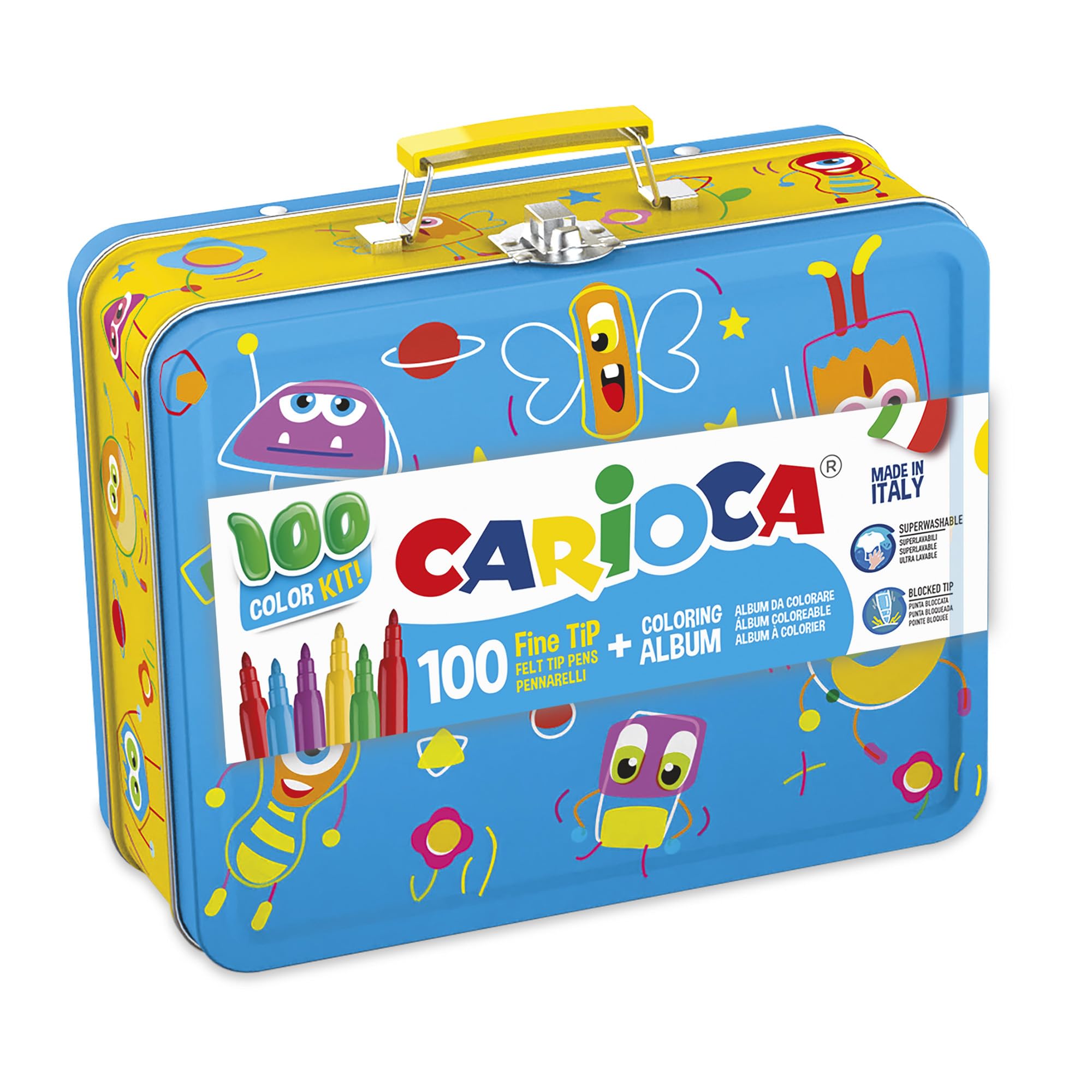CARIOCA Set Creativo 100 Pennarelli Punta Fine Lavabili con Album da Colorare A4 e Astuccio Metallo Blu, per Bambini e Regalo