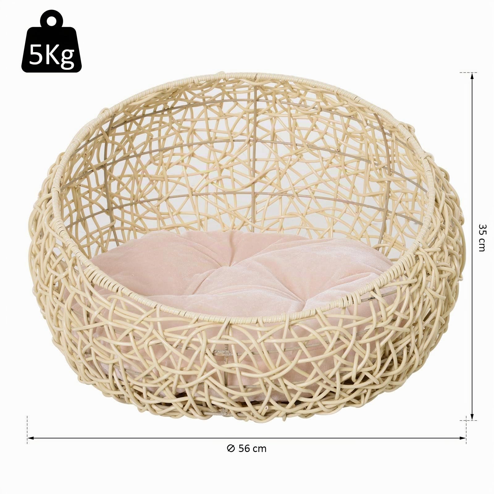 PawHut Rattan Katzenhöhle mit Kissen für Katzen Hunde Ø56 x 35 cm Beige