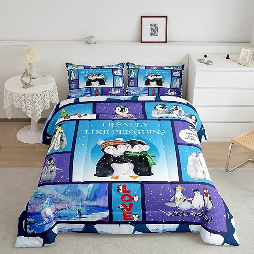Miniatura 1 de Juego de edredón de pingüinos de dibujos animados para niños, tamaño King, bonito juego de ropa de cama de animales árticos de oso polar, decoración