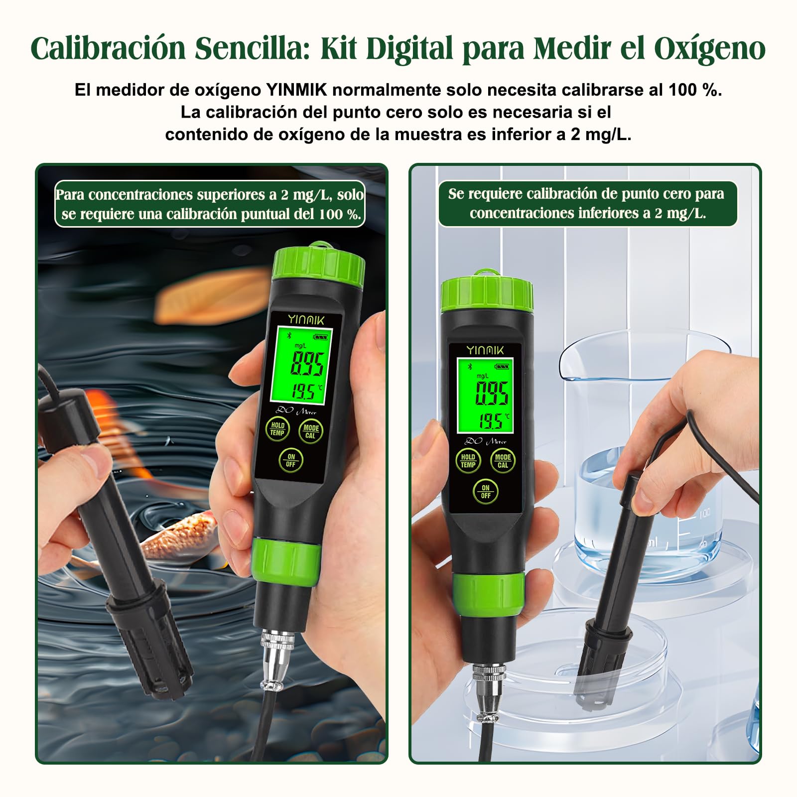 YINMIK Medidor inteligente de oxígeno disuelto | Medidor portátil de oxígeno disuelto para estanques, probador digital de oxígeno disuelto: acuarios, hidroponía, mosto de cerveza, lagos y acuicultura