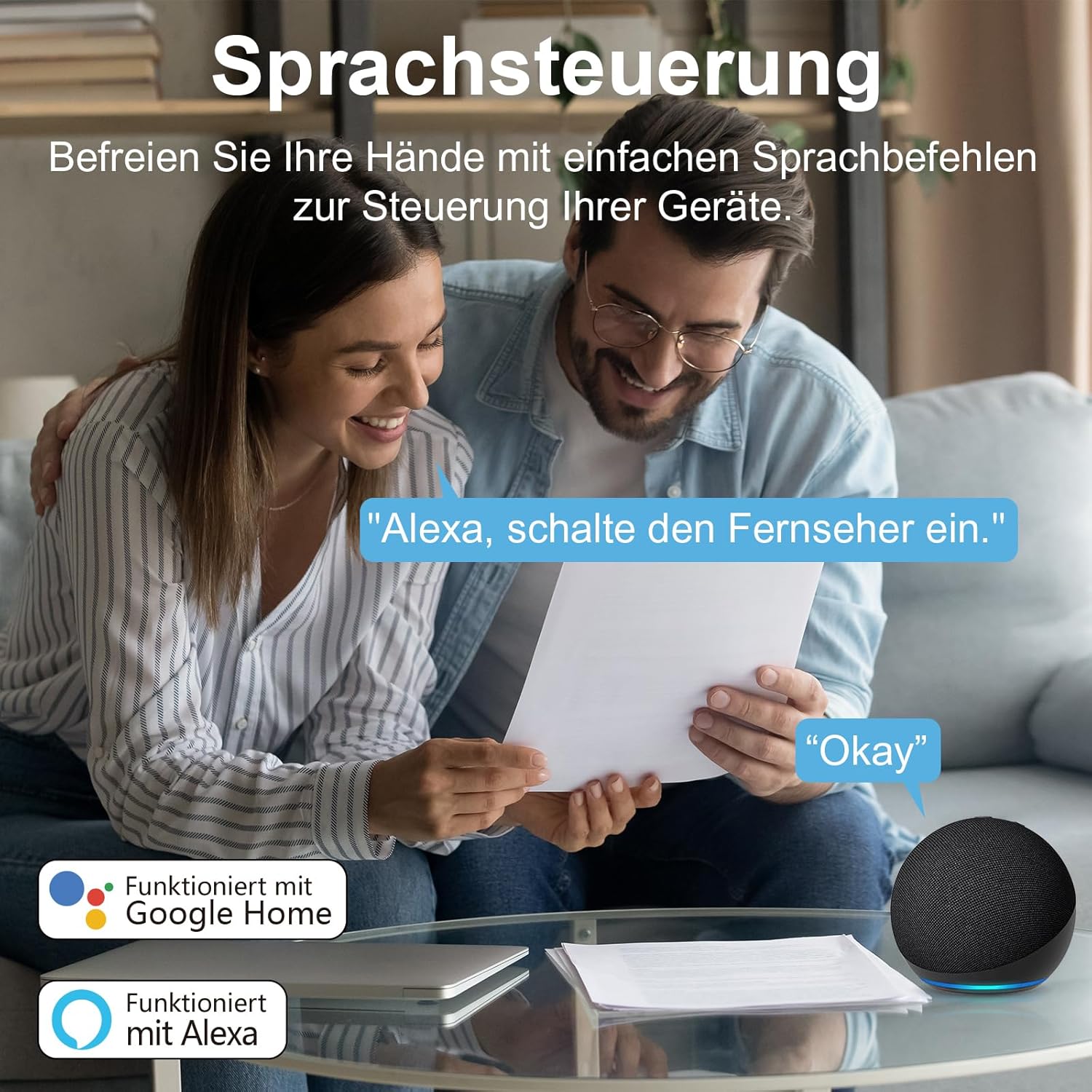 Couple using voice control with smart speaker