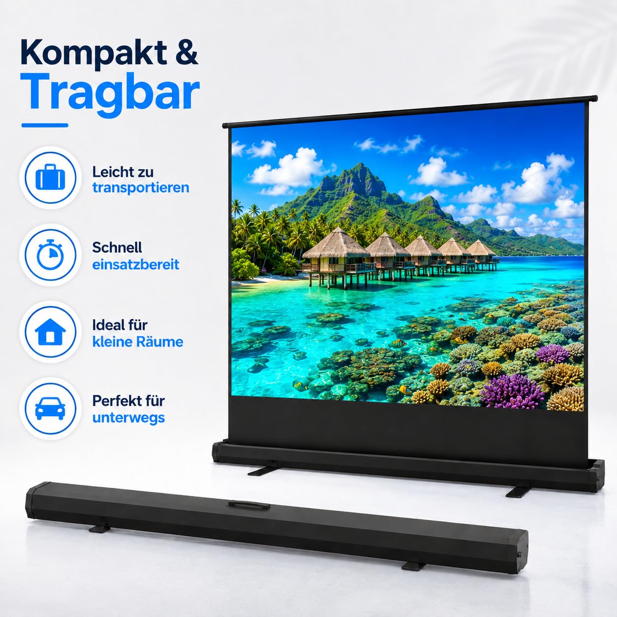 Tragbare Non-Tension ALR Leinwand Beamer 100 Zoll Format 16:9,Hochziehbare Pull-Up Beamer Leinwand mit Ständer,Ideal für Heimkino, Innen-/Außenfilme