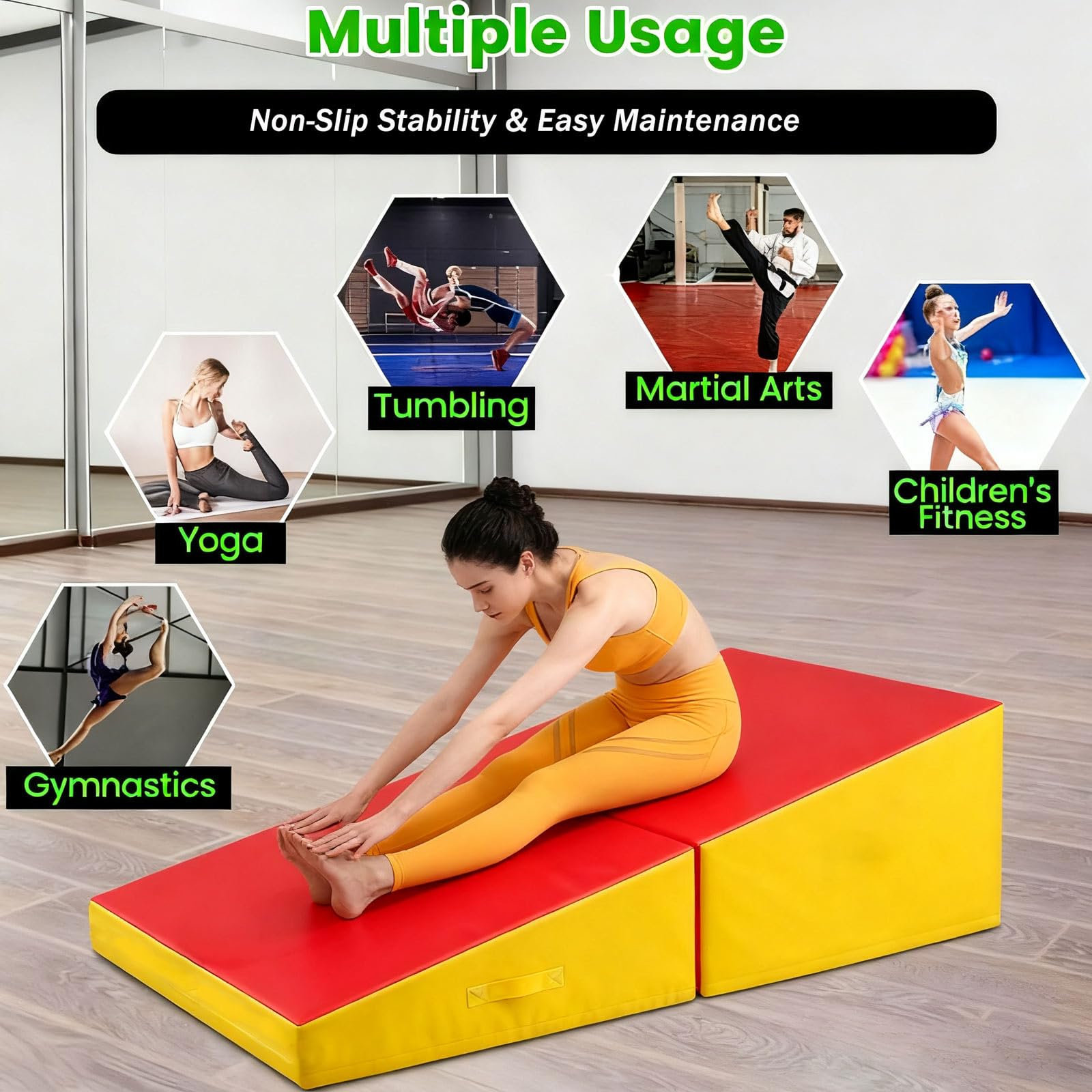 Tappetino da Ginnastica Inclinato Pieghevole, 187x57x40cm con Manico Trasporto e Superficie Antiscivolo, per Allenamento Casa, Palestra, Yoga, Aerobica F(Size:187*57*40cm/73*22*15in,Color:rosso/yellw)