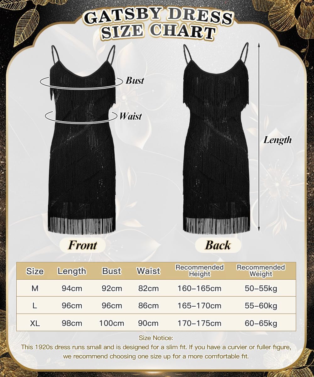 20er Jahre Kostüm Damen Set, 1920er Flapper Charleston Kleid mit Pailletten und Fransen, Gatsby Kleid Vintage Outfit Accessoires für Karneval, Halloween, Fasching & 20s Motto Party