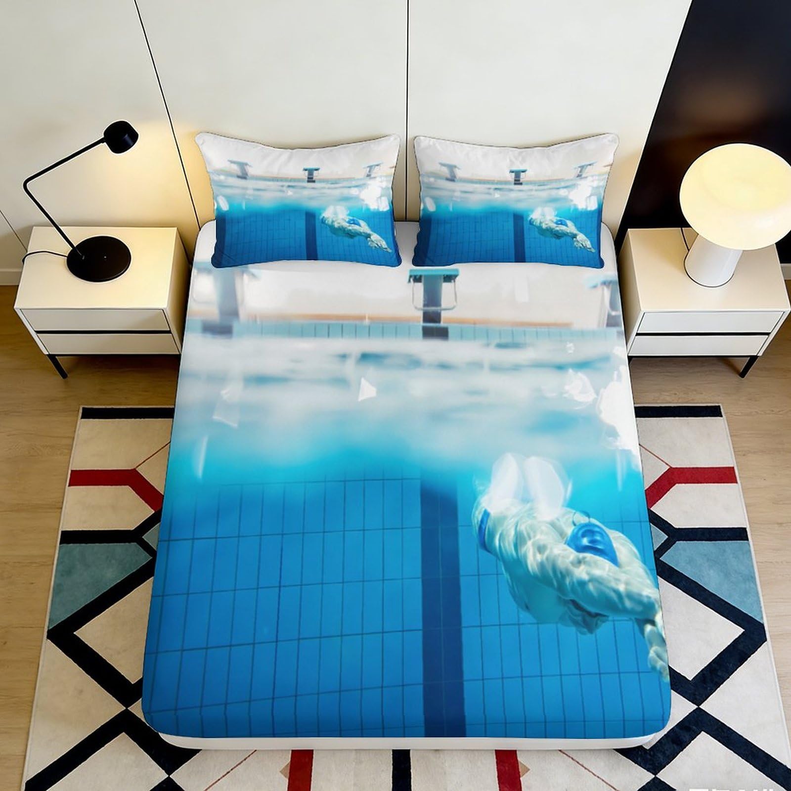 3D Printed Swimming Pool Fitted Sheet Microfiber Blue Water Splash Mattress Cover for Bedroom Dorm Room Decor 90x200x25cm