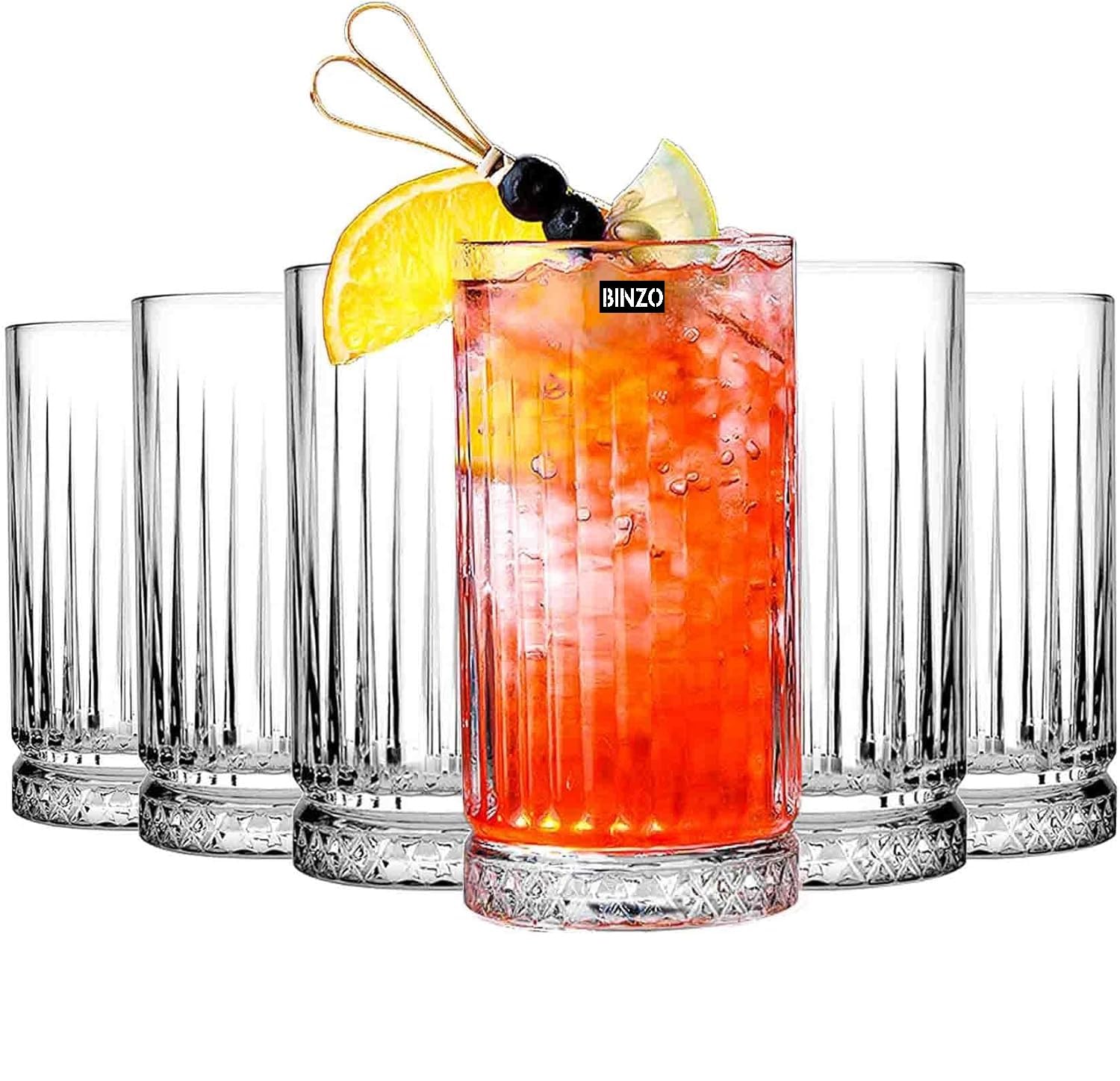 BINZO Glass Crystal Highball Glasses Set of 6, 435 ml, Tumblers for Water, Beer, Juice, Cocktail, Cold Drinks, Mojito, Tall Heavy Base Drinking Ribbed Glasswares.