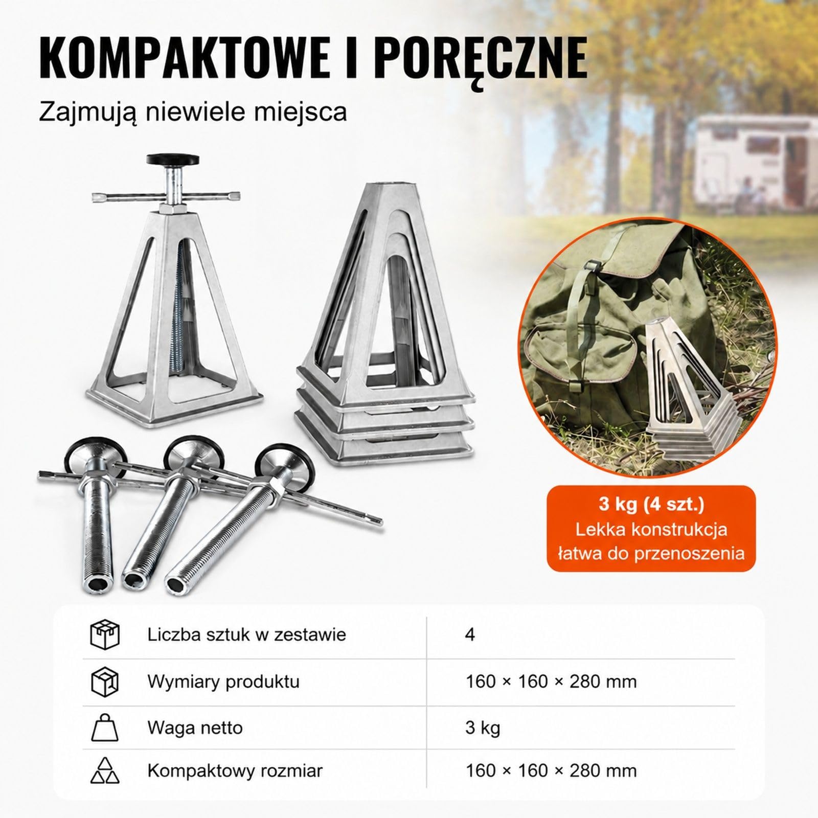 Zestaw 4 podnośników do kampera, srebrne podpory stabilizujące z korbą do przyczepy kempingowej