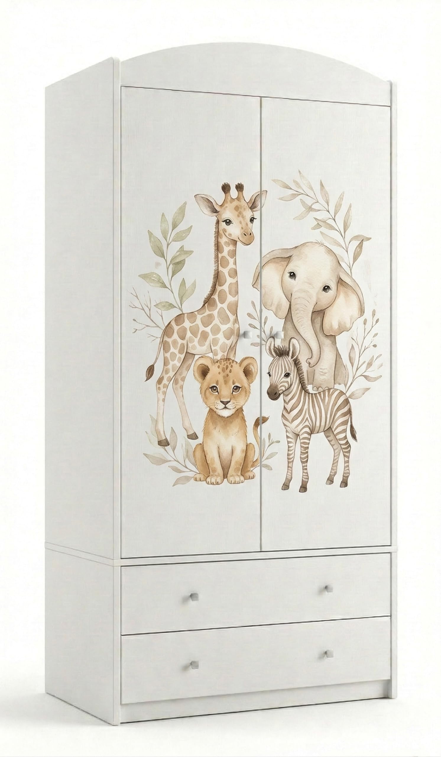 Happy Babies Armadio per bambini con motivo incantevole, 2 ante per cameretta dei bambini, con 2 cassetti, asta appendiabiti e ripiani, bianco (88 x 187 x 54 cm) (nr 170)