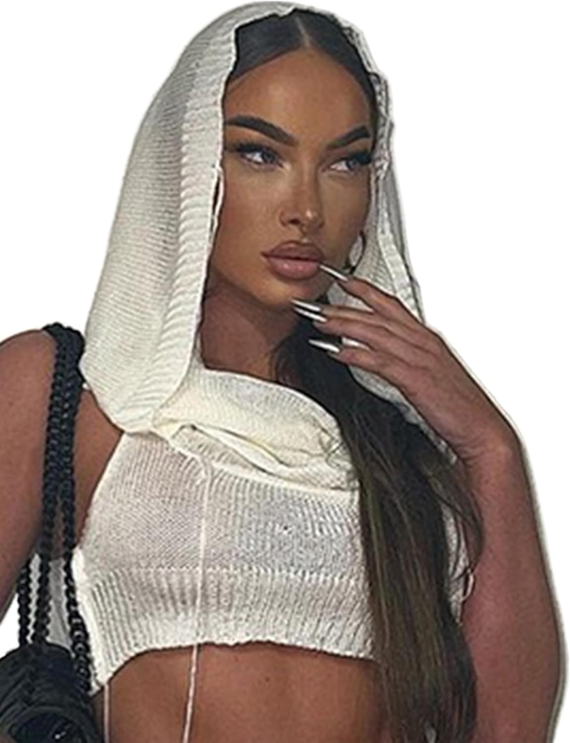 Women's Rave Tops Knit Crop Hoodie Vest Sexy Streetwear Open Back Hollow Sleeveless Top