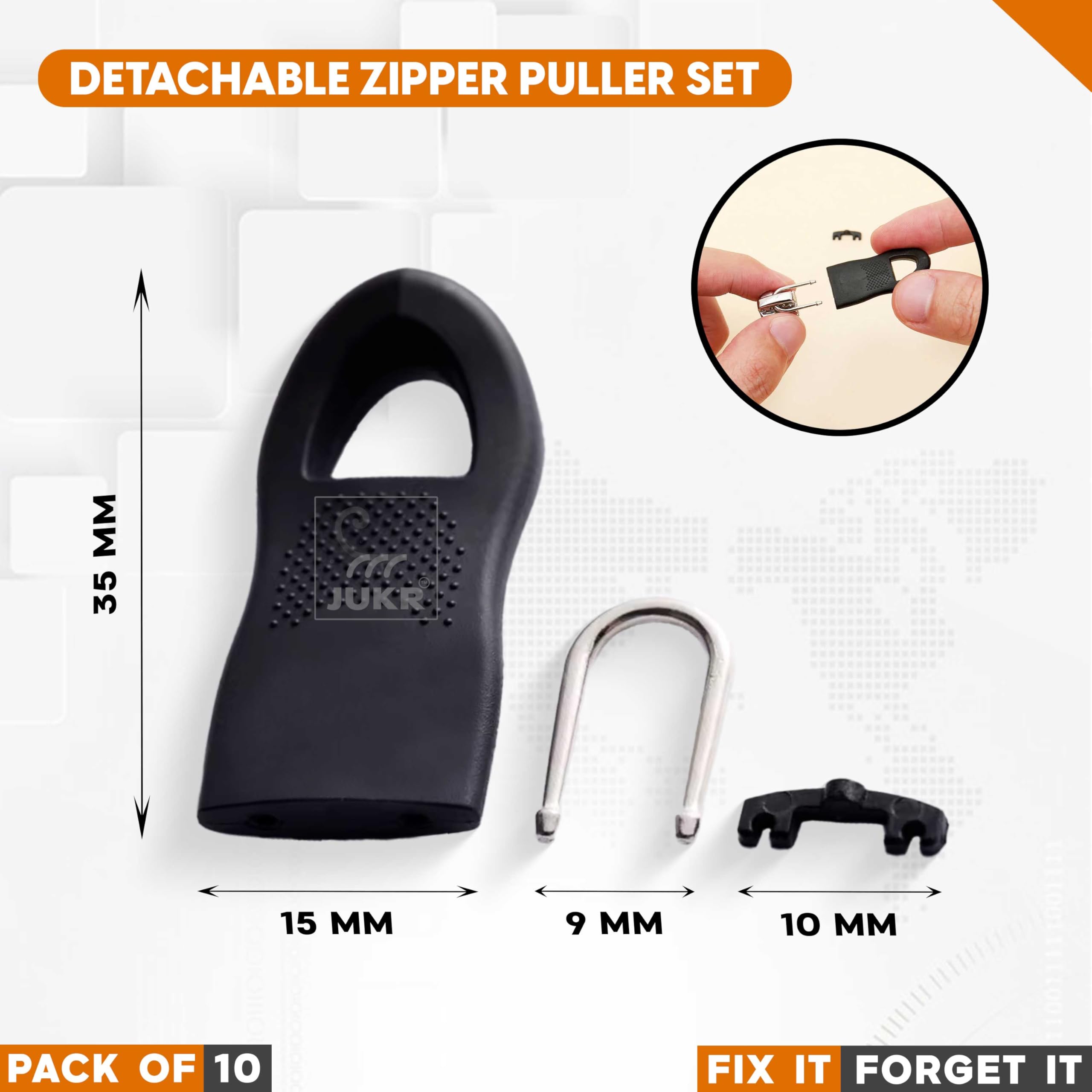 JUKR Multipurpose Detachable Zipper Puller Broken Zip Replacement Handle for Jackets, Jerkin, Raincoats, Jeans Pants, Luggage Travel Bags, Students Backpack, Handbag, Purse, Boots, Tents (Pack of 10)