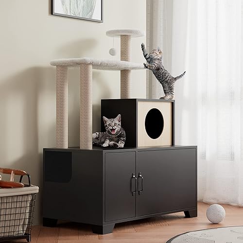 WISHIVE Caja de arena para gatos, árbol para gatos con caja de arena, muebles de caja de arena para gatos con torre de árbol para gatos, casa