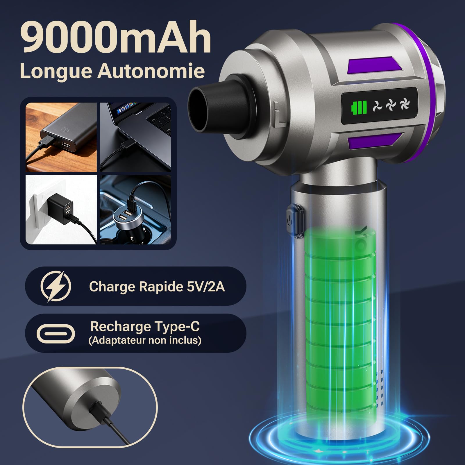 Aspirateur à Main, 27000Pa/135W Mini Aspirateur sans Fil & 250.000 tr/min Aspirateur de Voiture à 3 Vitesses avec Moteur sans Brosse, Aspirateur Voiture Sans Fil Pour Bureau,Maison, Cuisine,Poils